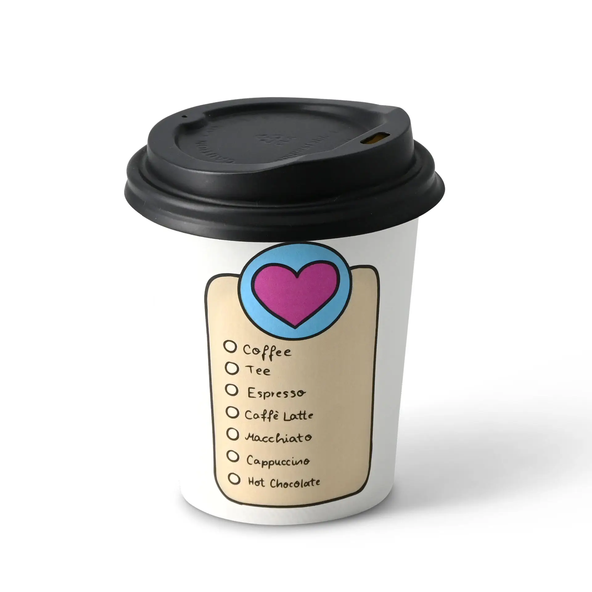 Bedrukte kartonnen beker "Coffeelove" 200 ml / 8 oz, Ø 80 mm, wit