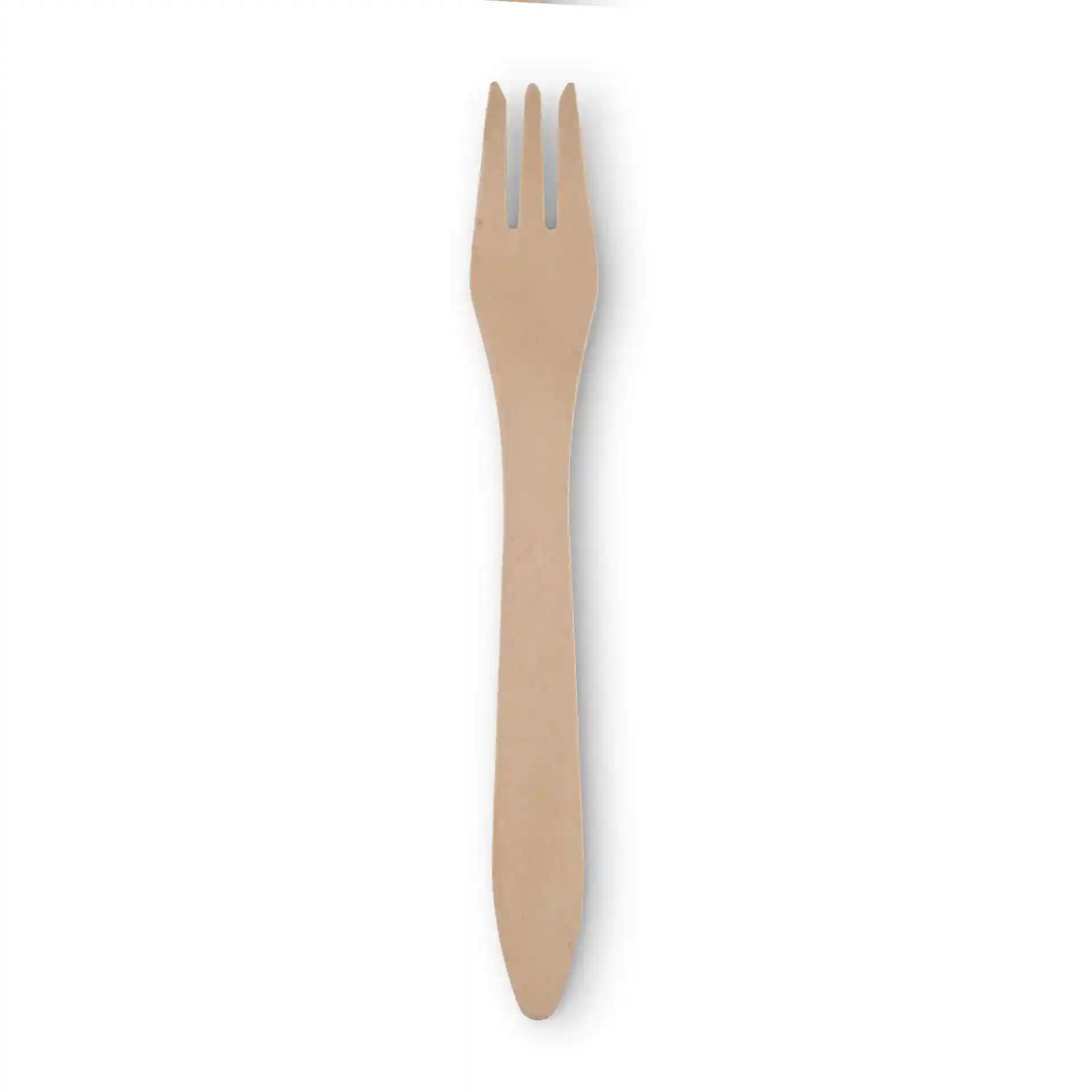 Bruine houten vork, 18 cm lang, met drie tanden en een gladde handgreep, op een witte achtergrond.