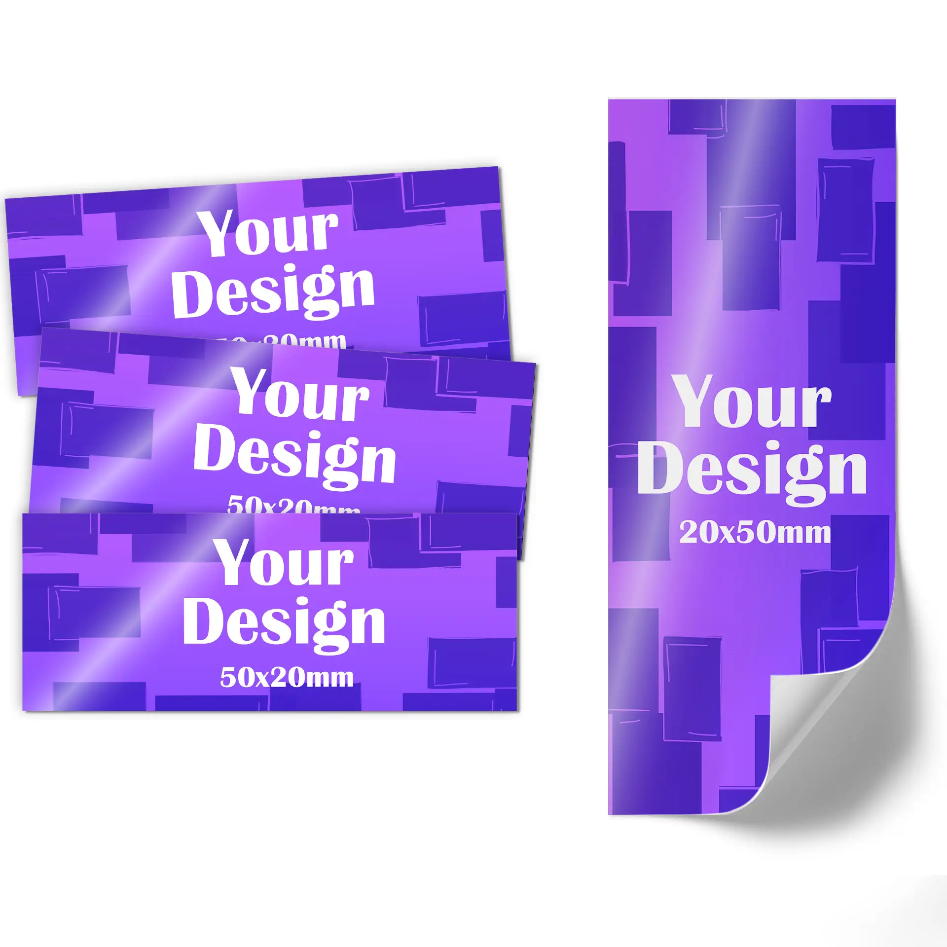 Een paarse label met een gauge-icoon en afmetingen van 50x20 mm; een hoek is iets omgevouwen.