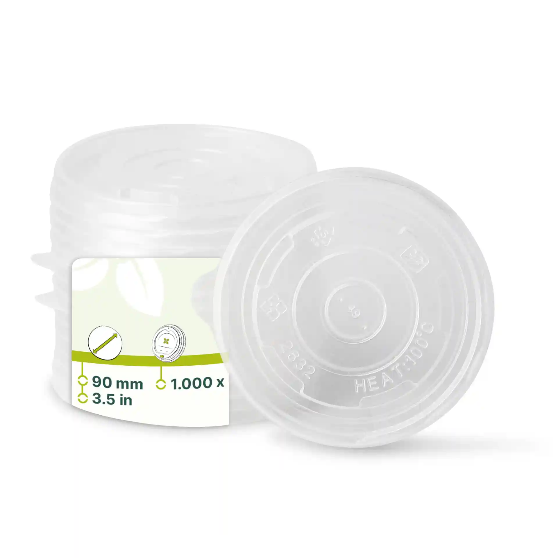 Transparante ronde polypropyleen platte deksels met een diameter van 90 mm, gestapeld met een label.