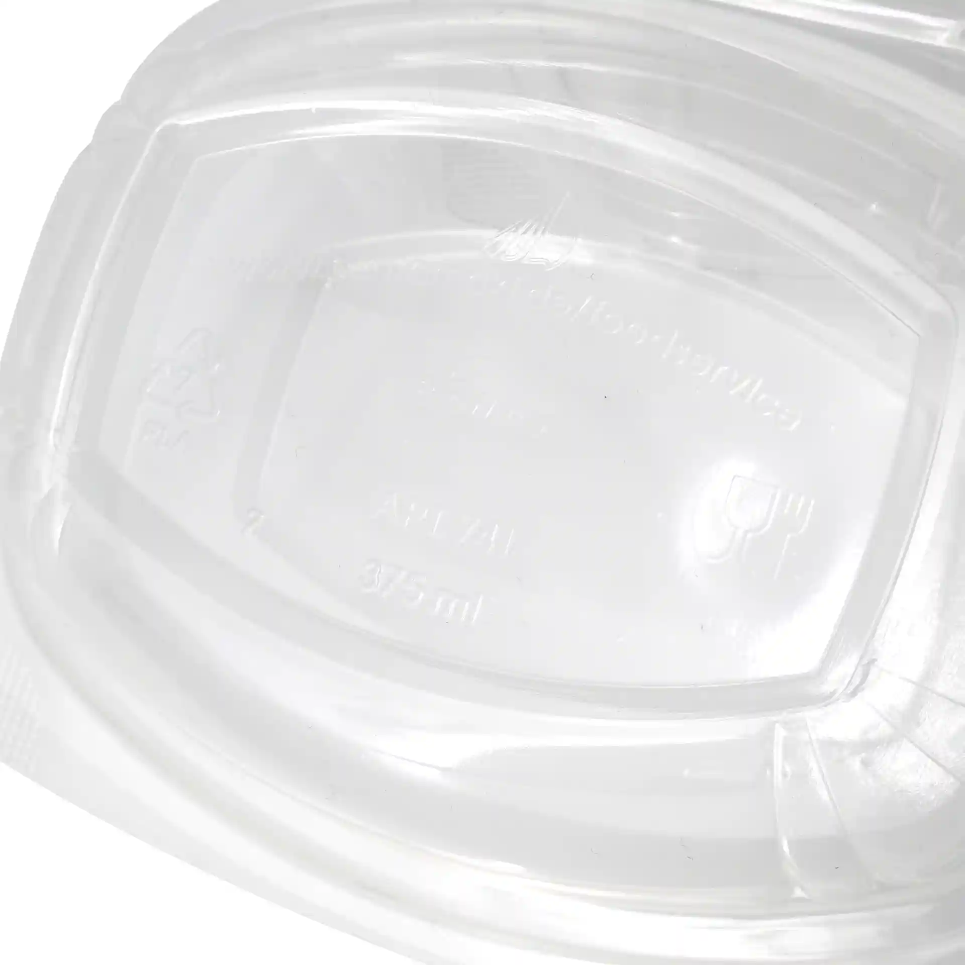Transparante rechthoekige PLA deli kom met opvouwbaar deksel, 375 ml capaciteit, met interne markeringen.