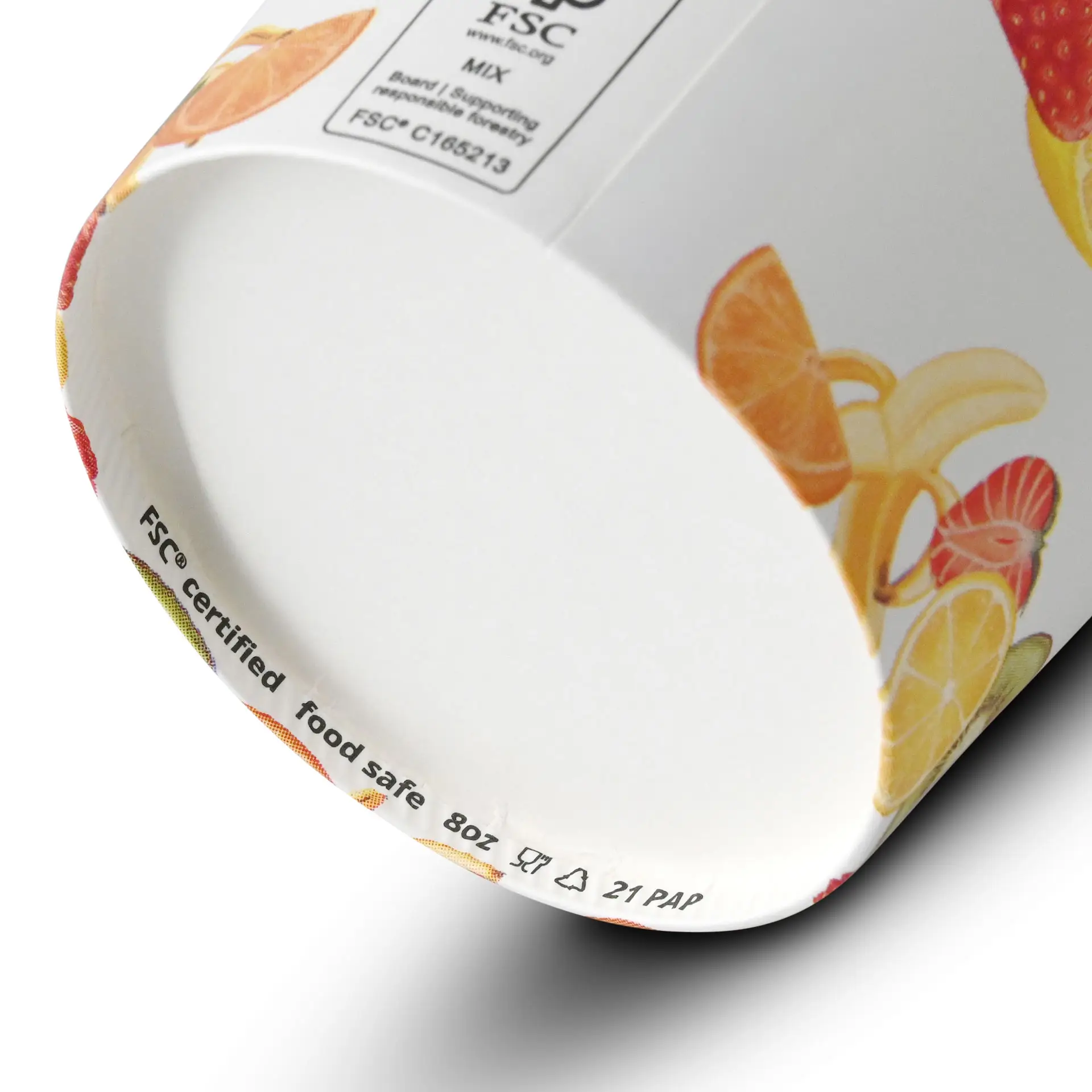 Geprint papieren ijsbekertje met fruitontwerp; PE-gecoat, geschikt voor warme en koude voedingsmiddelen, 8 oz capaciteit.