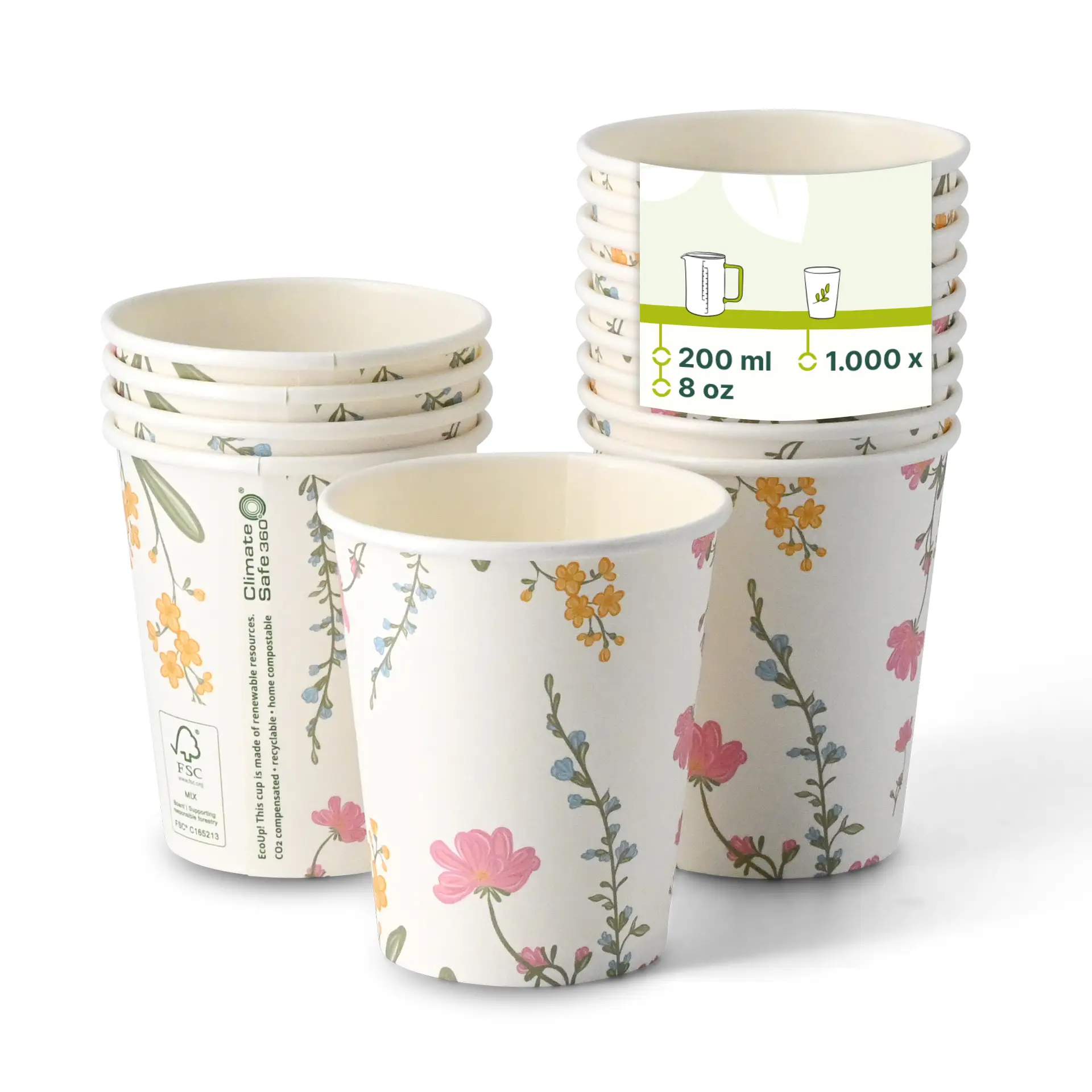 Bedrukte kartonnen beker "Lente" 200 ml / 8 oz, Ø 80 mm, wit