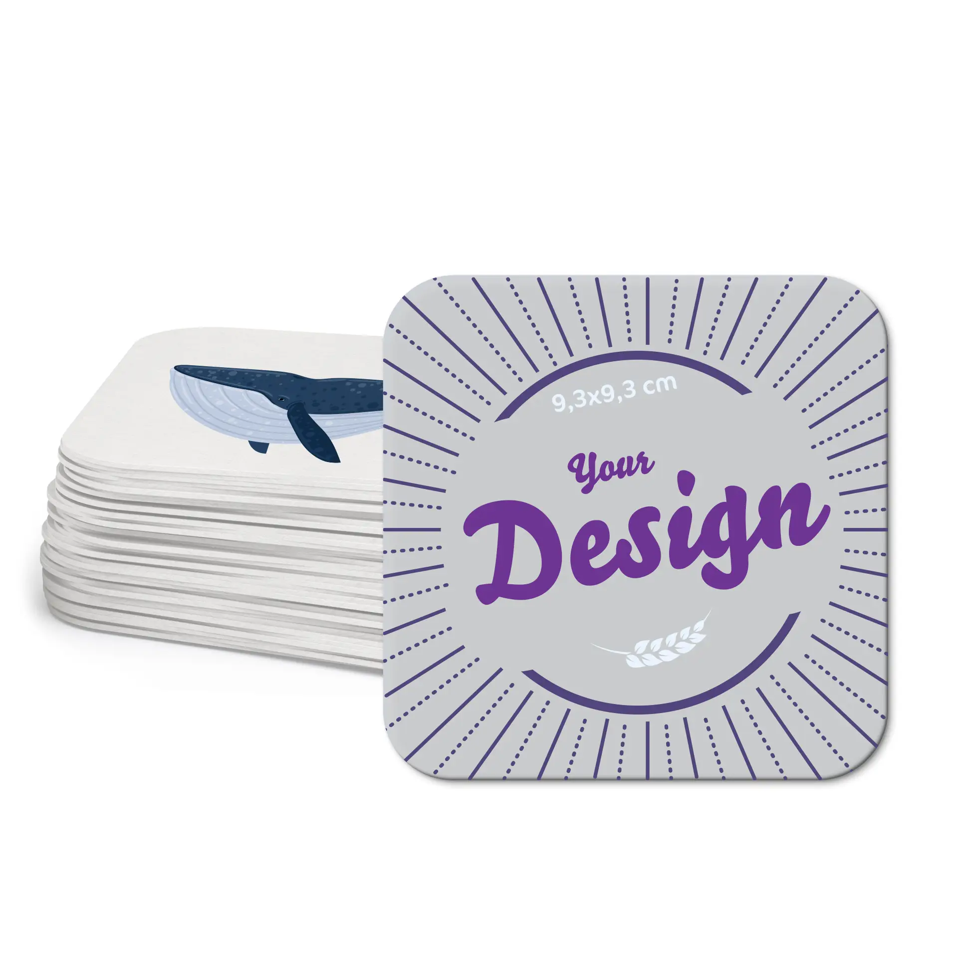 Een gefocuste vierkante bieronderzetter met een kleurrijk toekanlogo; verschillende vergelijkbare onderzetters erachter in een stapel.