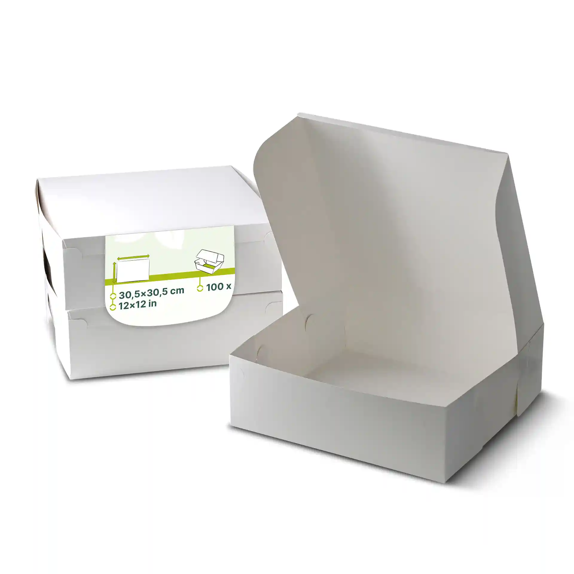 Witte taartdoos met een open deksel, afmetingen 30,5 x 30,5 x 10 cm, met een label met productdetails.