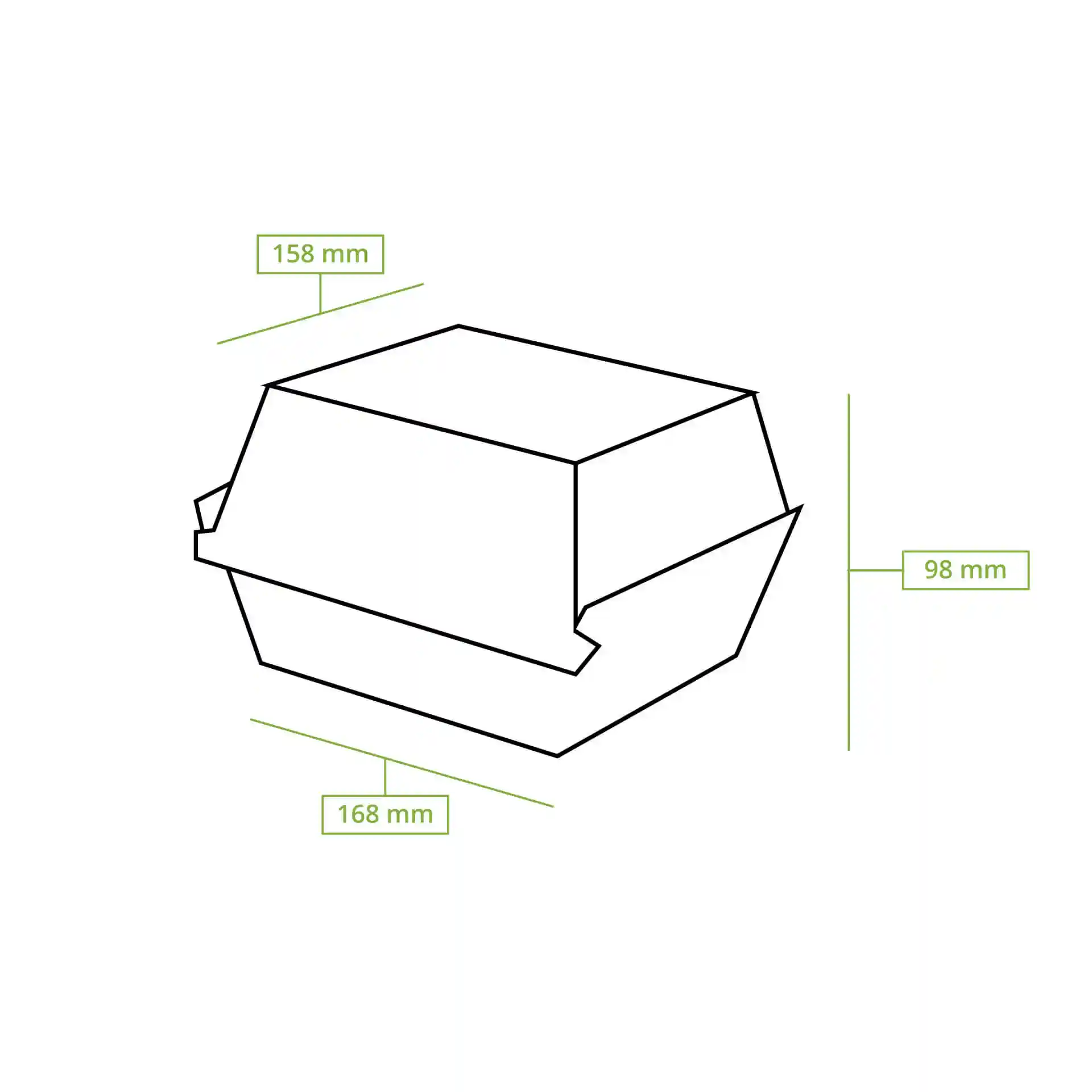 Schematische tekening van een rechthoekige burgerdoos met afmetingen van 168 mm lengte, 158 mm breedte en 98 mm hoogte.