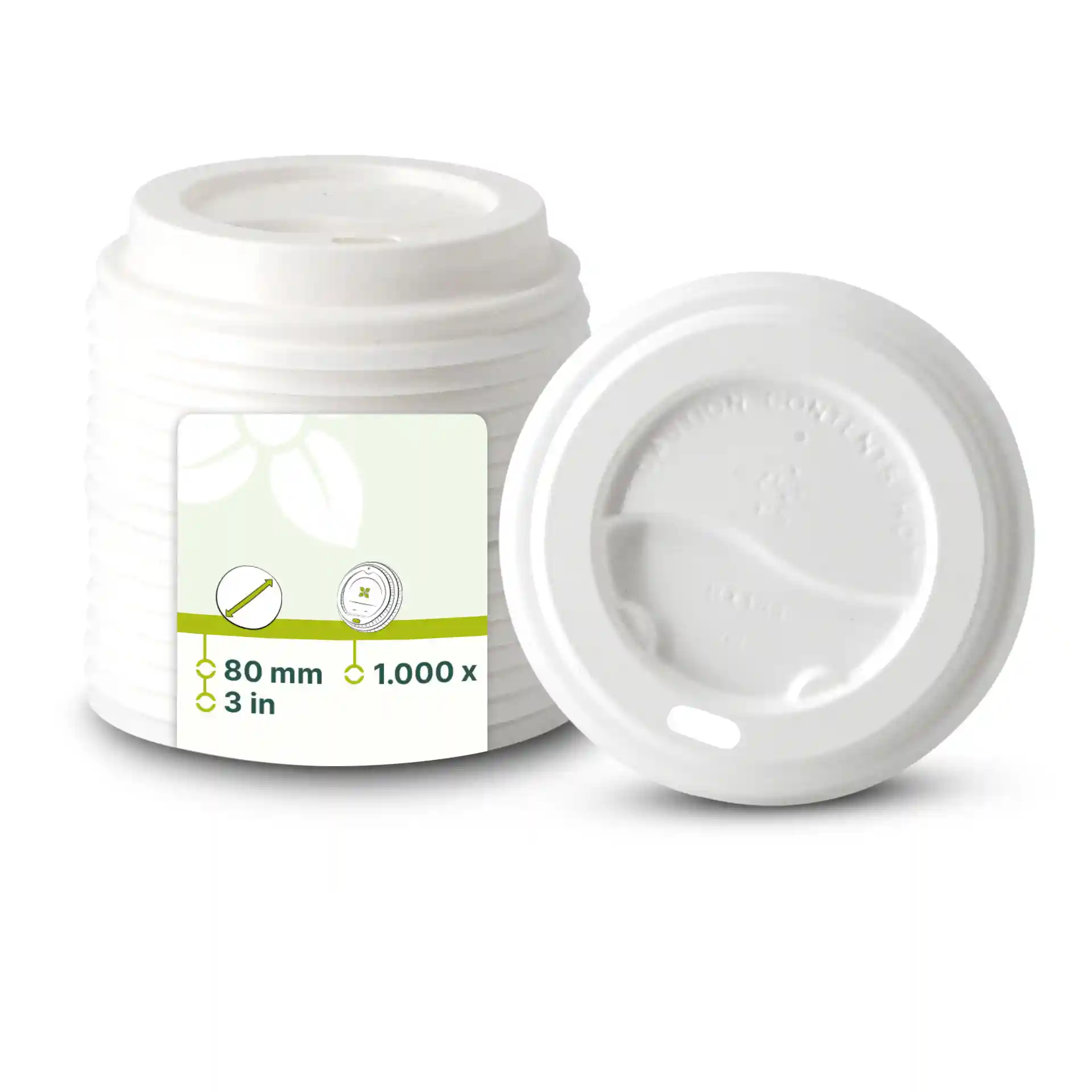 Witte PS-deksel met een diameter van 80 mm, met een drinkopening en gestapeld met meerdere vergelijkbare deksels.