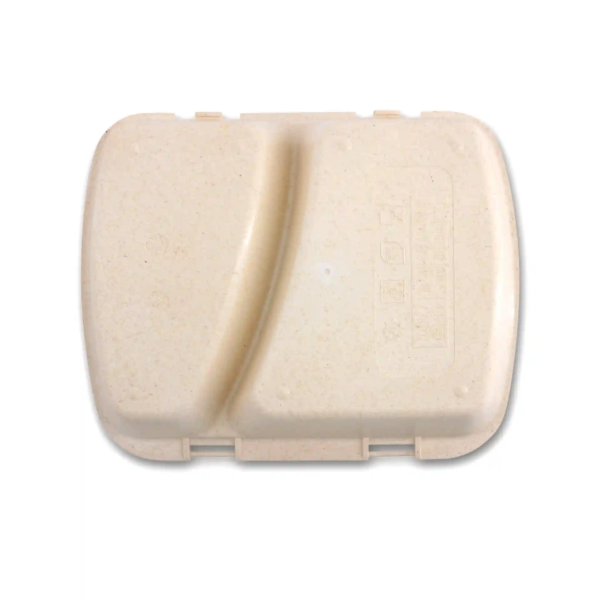 Romige witte herbruikbare maaltijdcontainer met twee compartimenten, 24,5 x 20 x 4,5 cm groot.