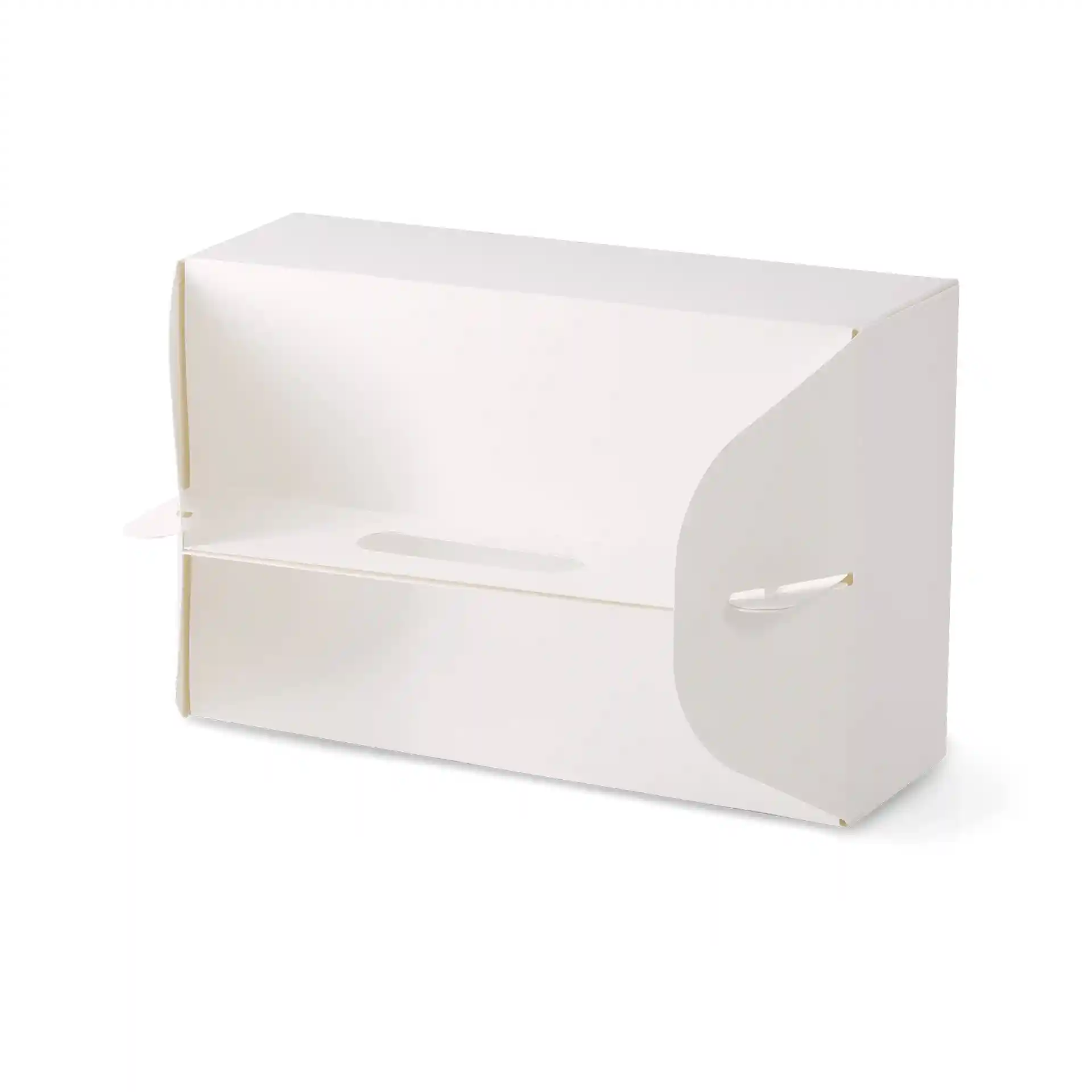 Witte rechthoekige kartonnen gebakdoos met handvat, 26 x 17 x 9 cm, opvouwbaar ontwerp.