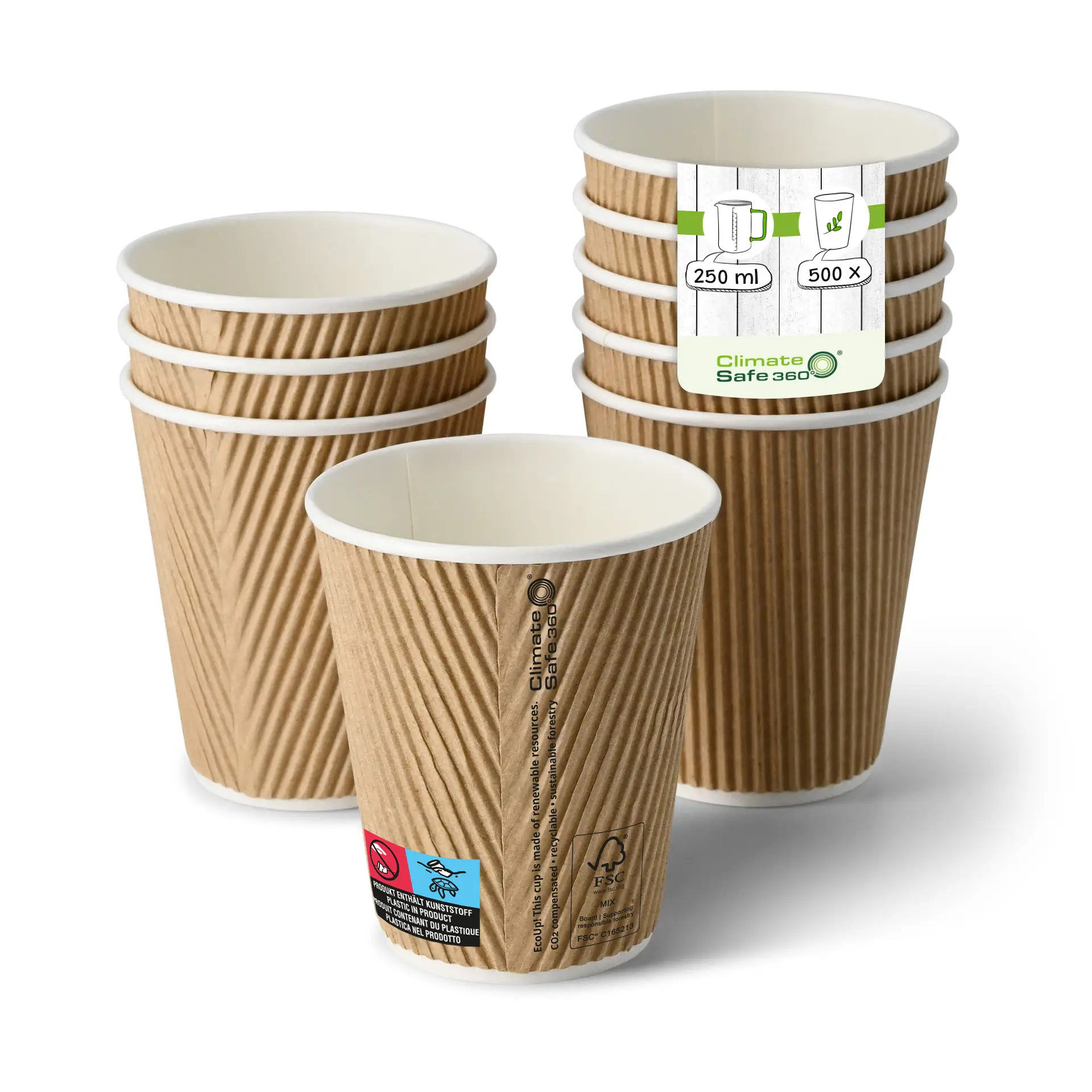 Koffiebekers to go van karton (gecoat) / Ribbelbekers 250 ml / 10 oz, Ø 80 mm, bruin, binnenkant wit con10025-01-0-riffelbecher-beschichtet-coffee-to-go-becher-250-ml-10-oz-90-mm-braun-innen-weiss