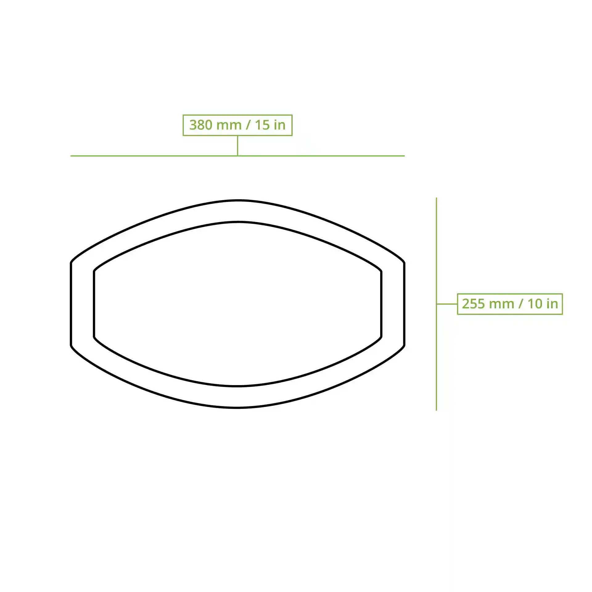 Schematische tekening van een rechthoekige palmbladschotel met afmetingen van 380 mm bij 255 mm.