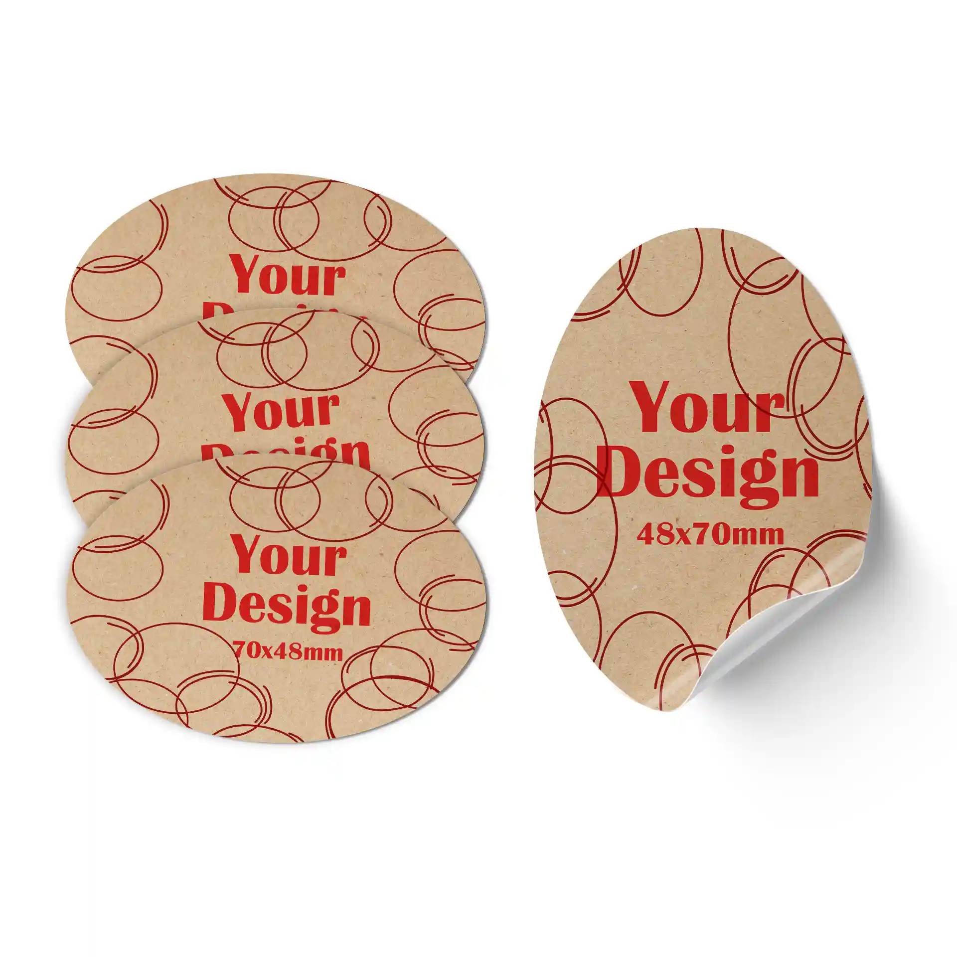 Ovale bedrukte labels op bruin mat kraftpapier met rode tekst en ronde ontwerpen, 48 x 70 mm groot.