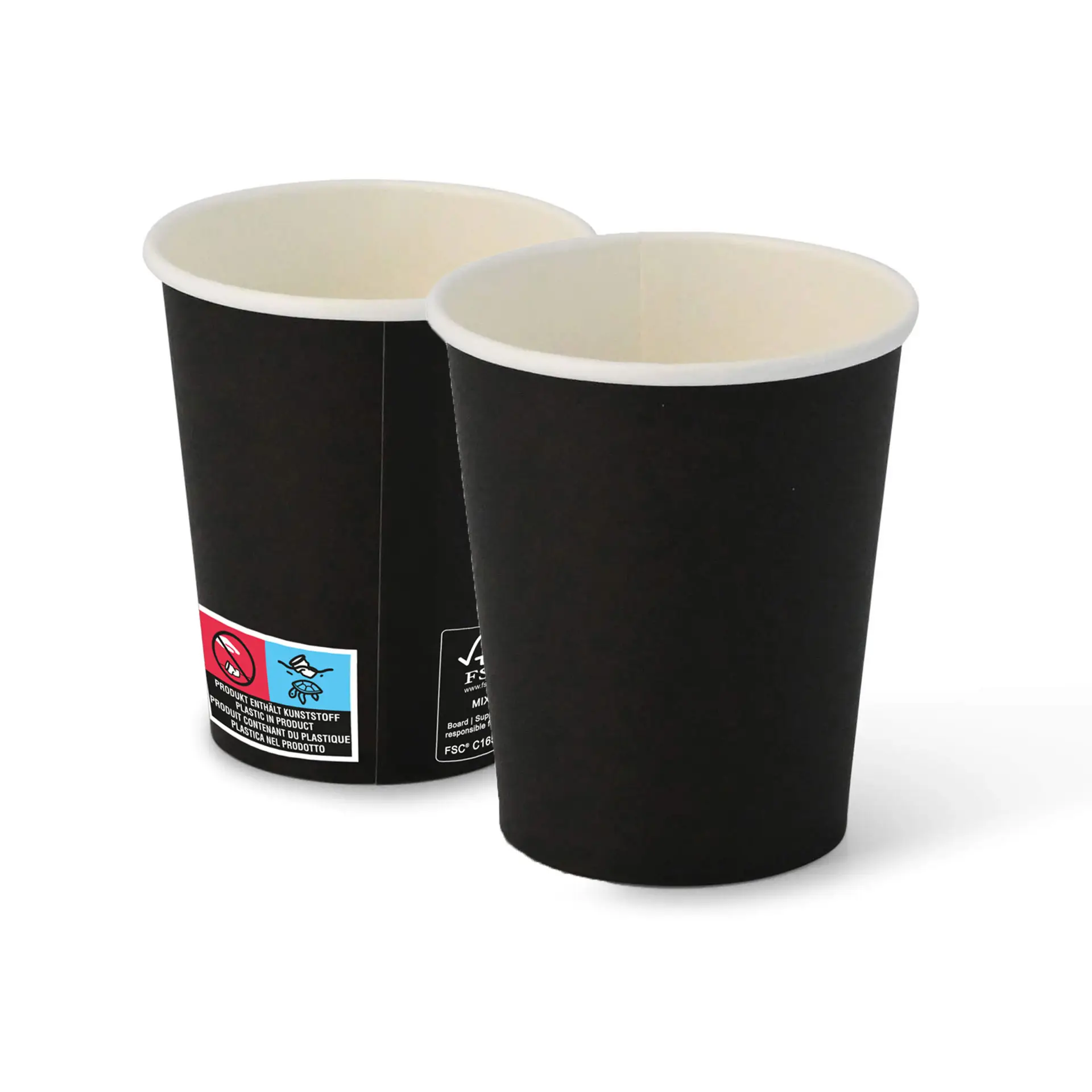 Twee zwarte papieren bekers met een ronde vorm, die de binnen- en buitenkant tonen, op een effen achtergrond.