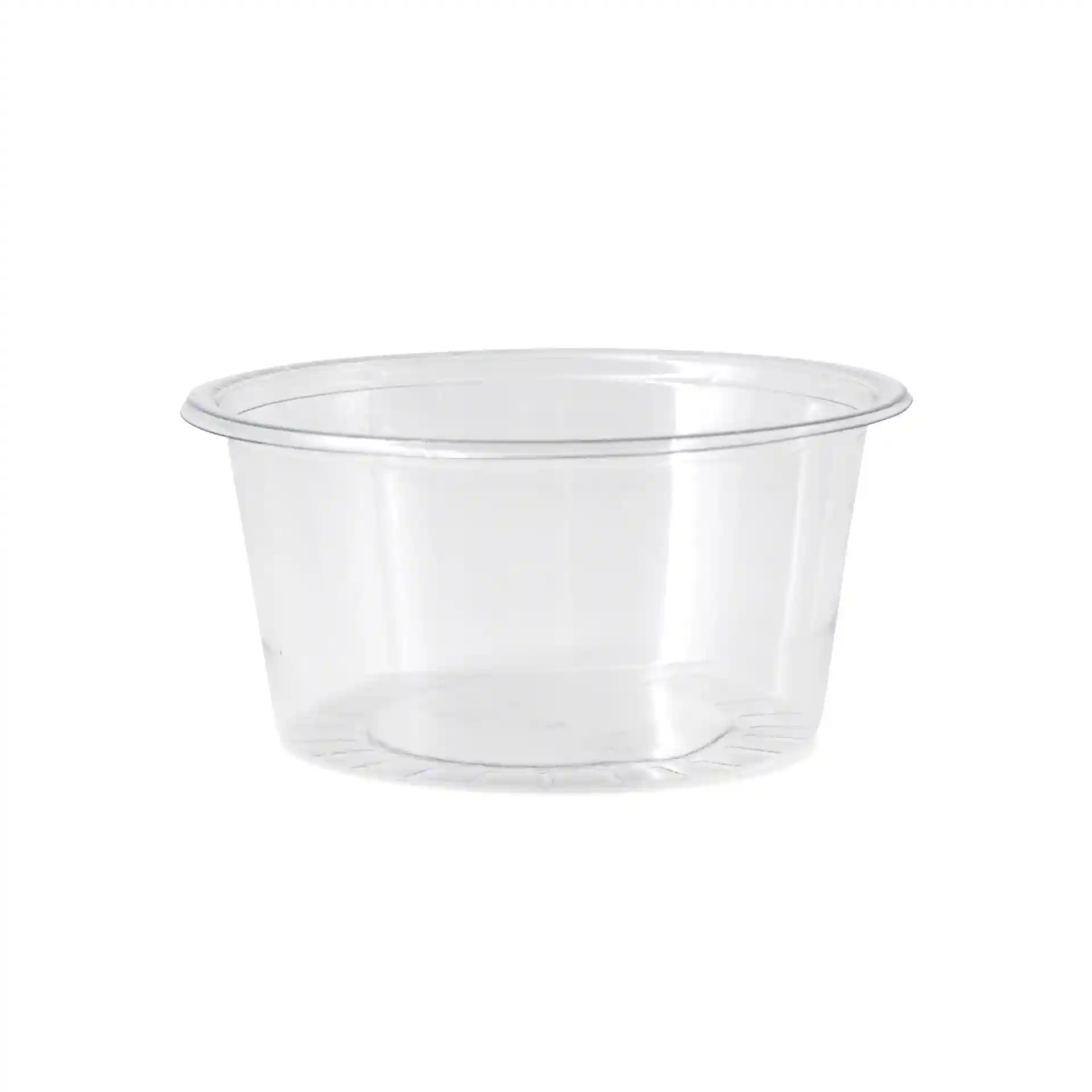 Heldere rPET-sauspot met een diameter van 75 mm en een hoogte van 34 mm, inhoud van 100 ml.