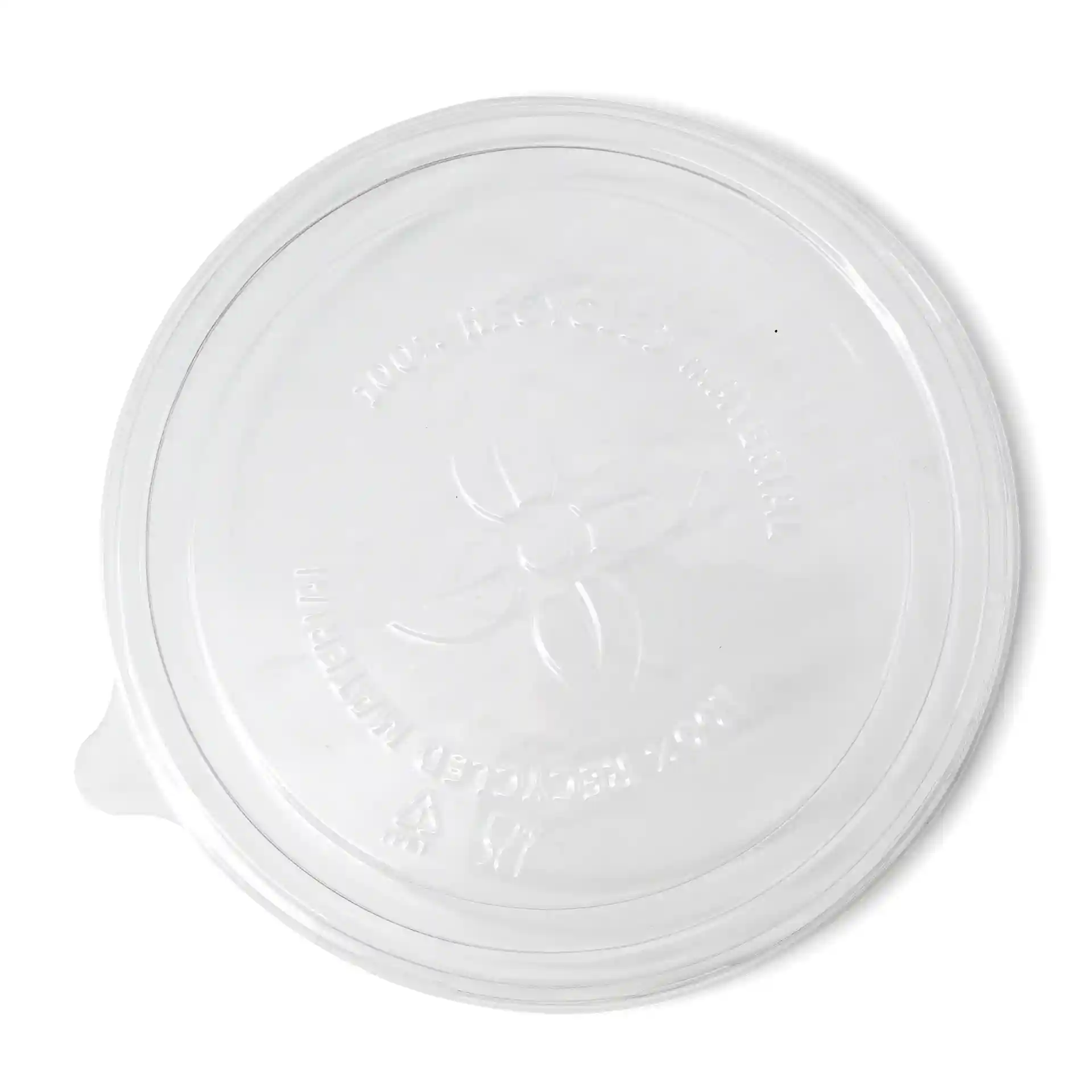 Transparant rond deksel van rPET, met een diameter van 150 mm.