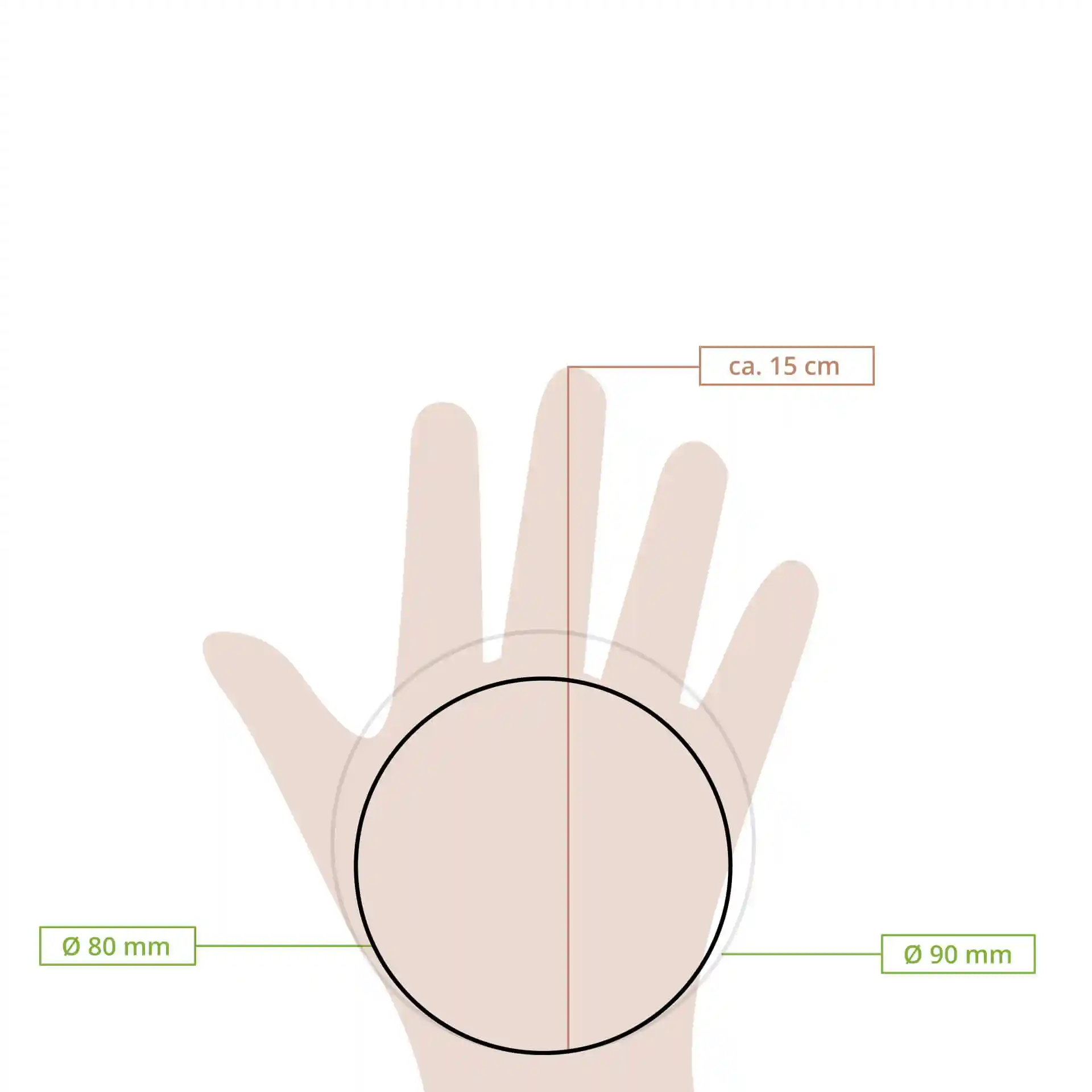 Schematische tekening van een hand met een cirkel die diameters van 80 mm en 90 mm en een hoogte van ongeveer 15 cm aangeeft.