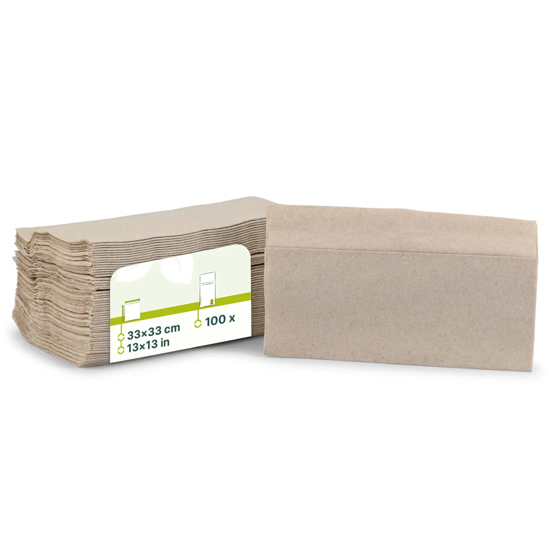 Stapeltje ongebleekte papieren servetten, 33 x 33 cm, 1-laags, met een label voor hoeveelheid en afmetingen.