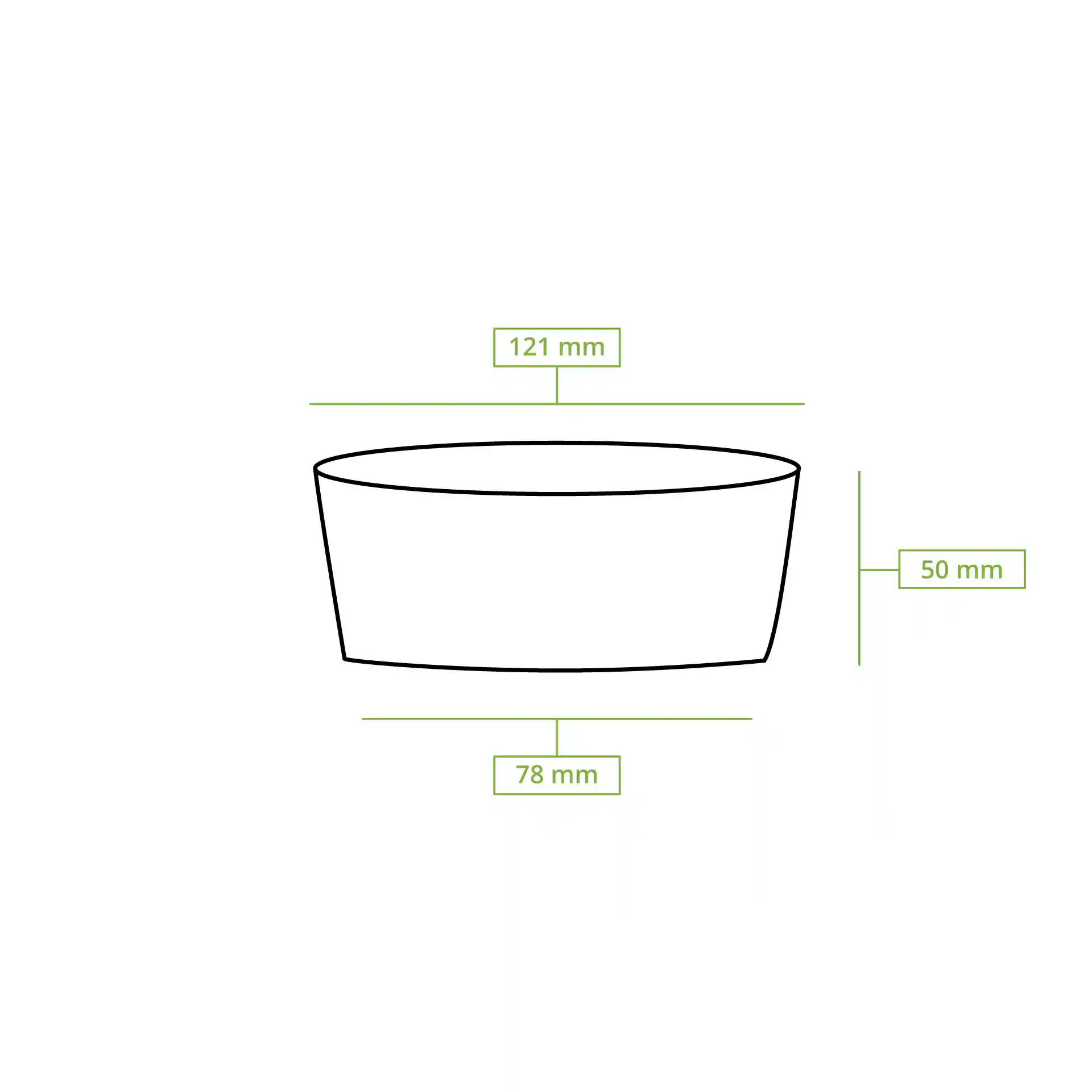 Schematische tekening van een ronde deli-container met afmetingen: 121 mm diameter, 50 mm hoogte en 78 mm bodemdiameter.