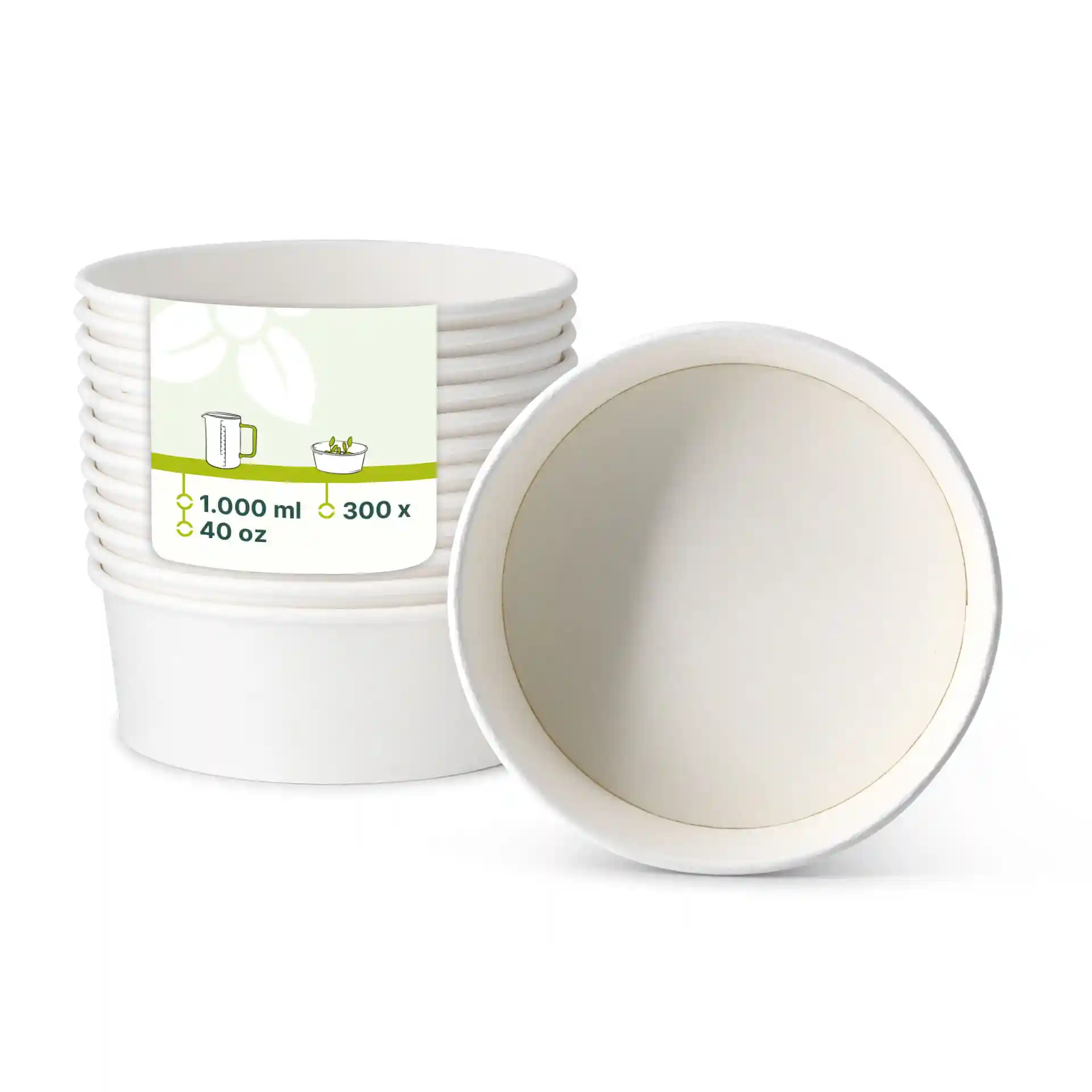 Stapel witte papieren kommen met een label dat een capaciteit van 1000 ml en afmetingen toont, één kom is gedraaid om de binnenkant te tonen.