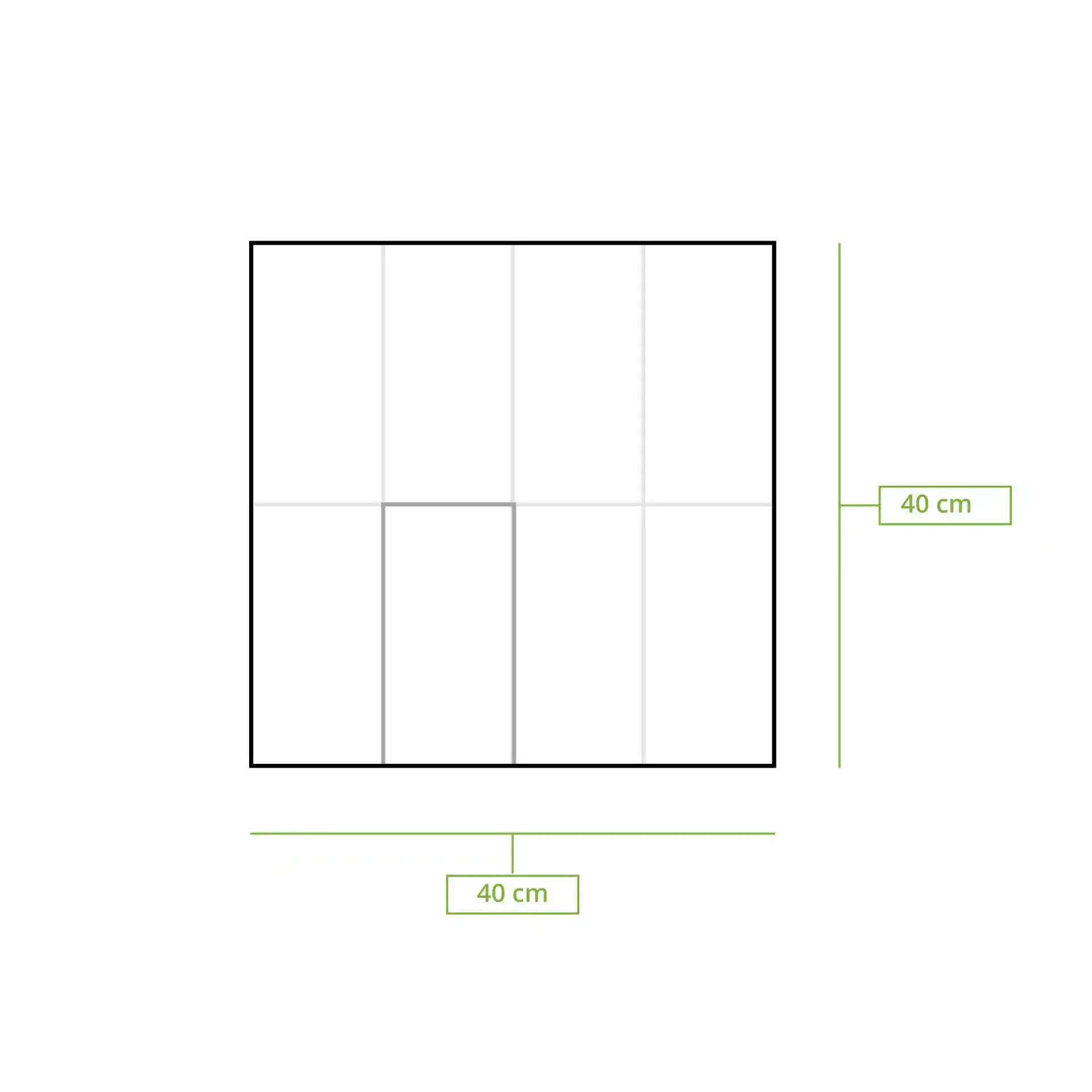 Schematische tekening van een vierkant van 40 cm x 40 cm met rasterlijnen en maatmarkeringen.