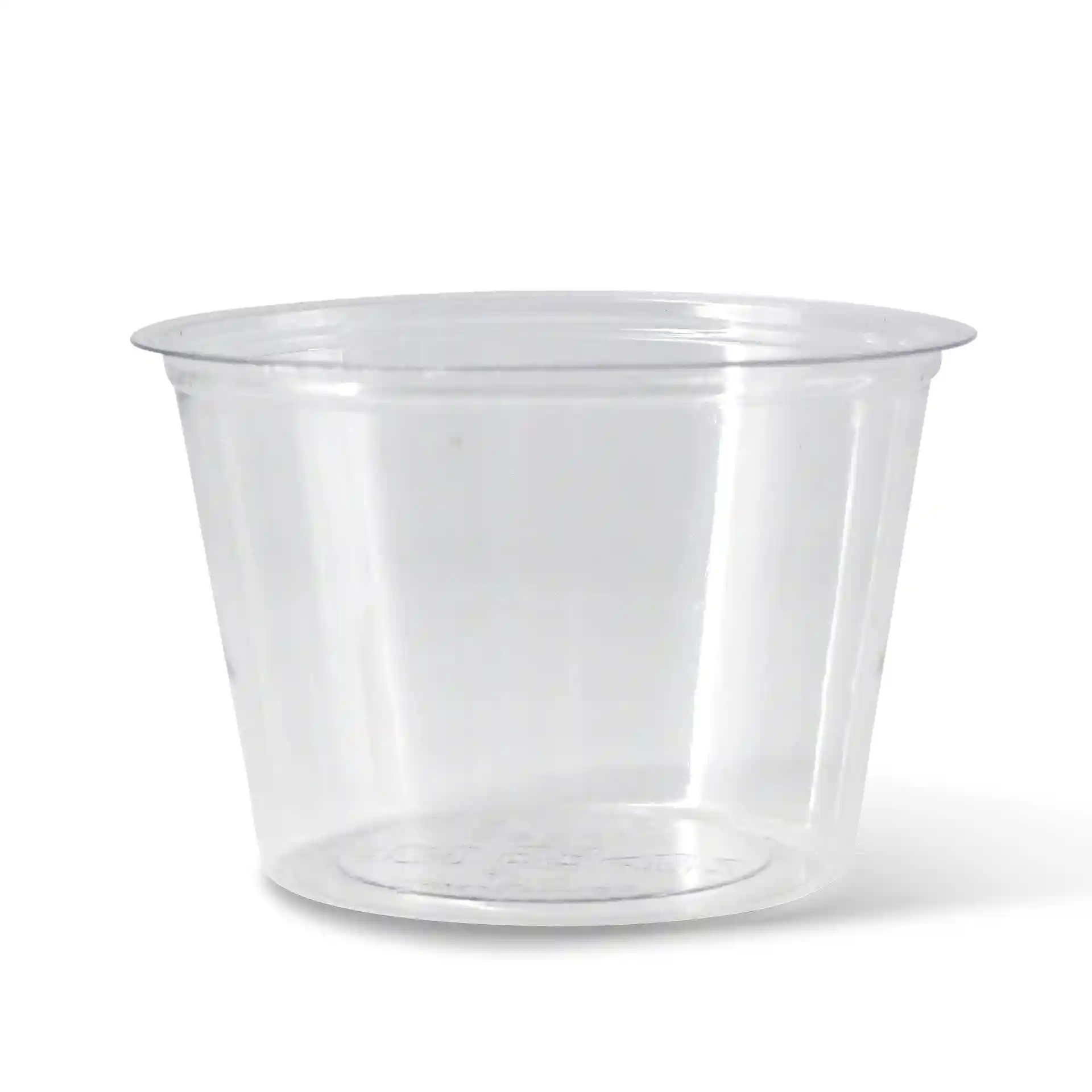 Heldere ronde beker met een diameter van 70 mm en een hoogte van 47 mm, gemaakt van PLA-materiaal, inhoud van 100 ml.