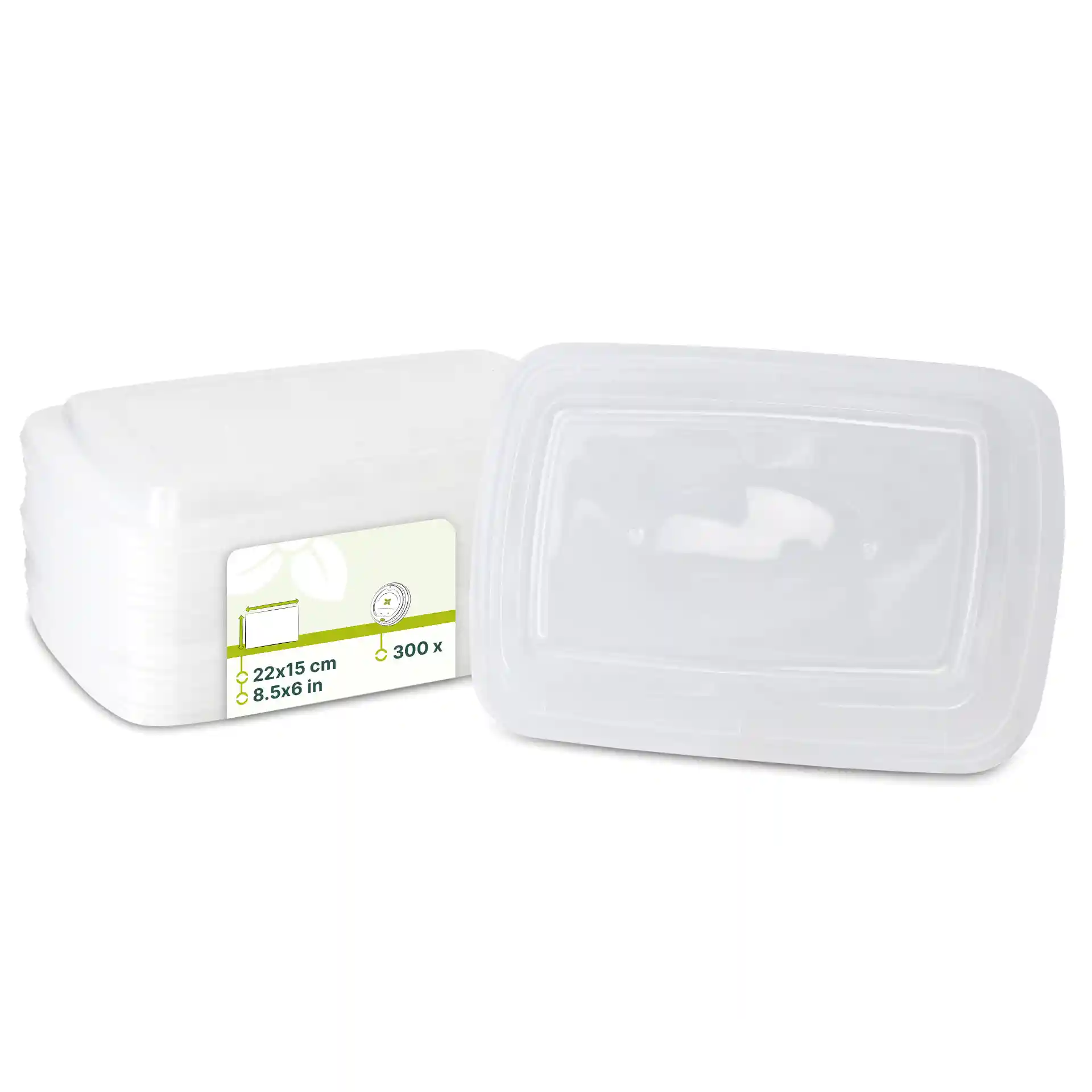 Transparante rechthoekige herbruikbare deksel van PP, met afmetingen van 22x15 cm en een label met markeringen.