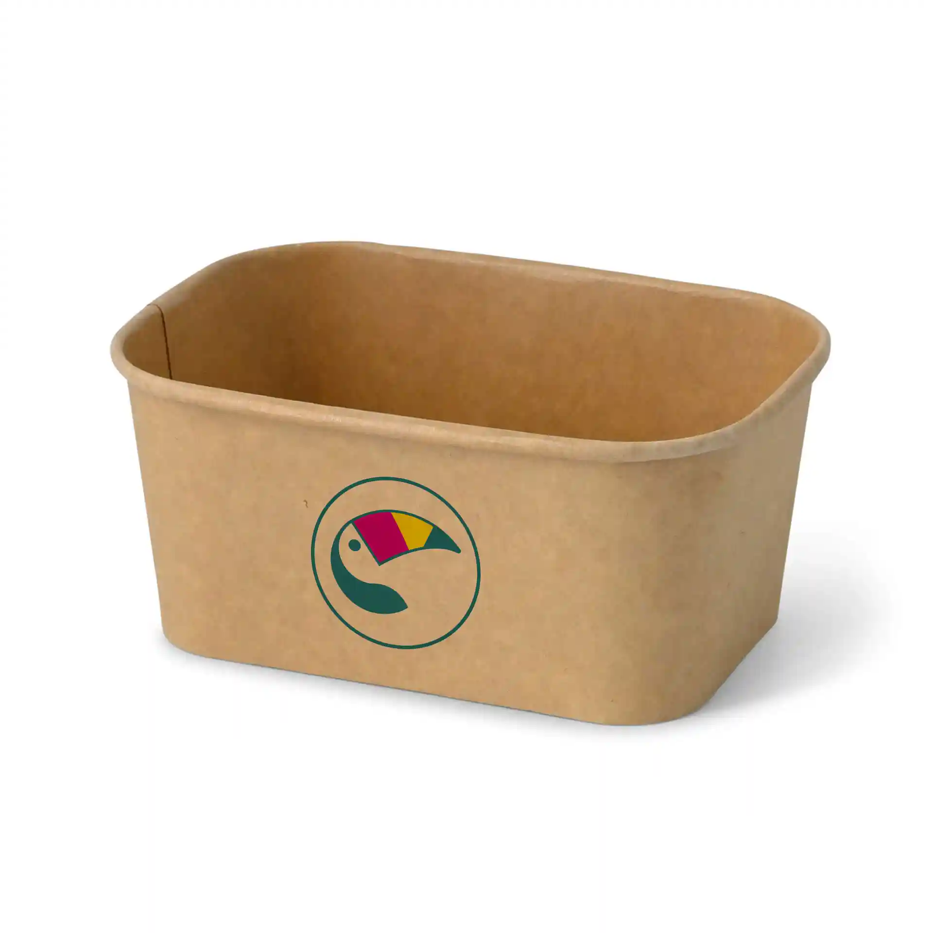Rechthoekige bruine saladeschaal met een toekanlogo, 172 mm lang, 124 mm breed en 77 mm hoog.