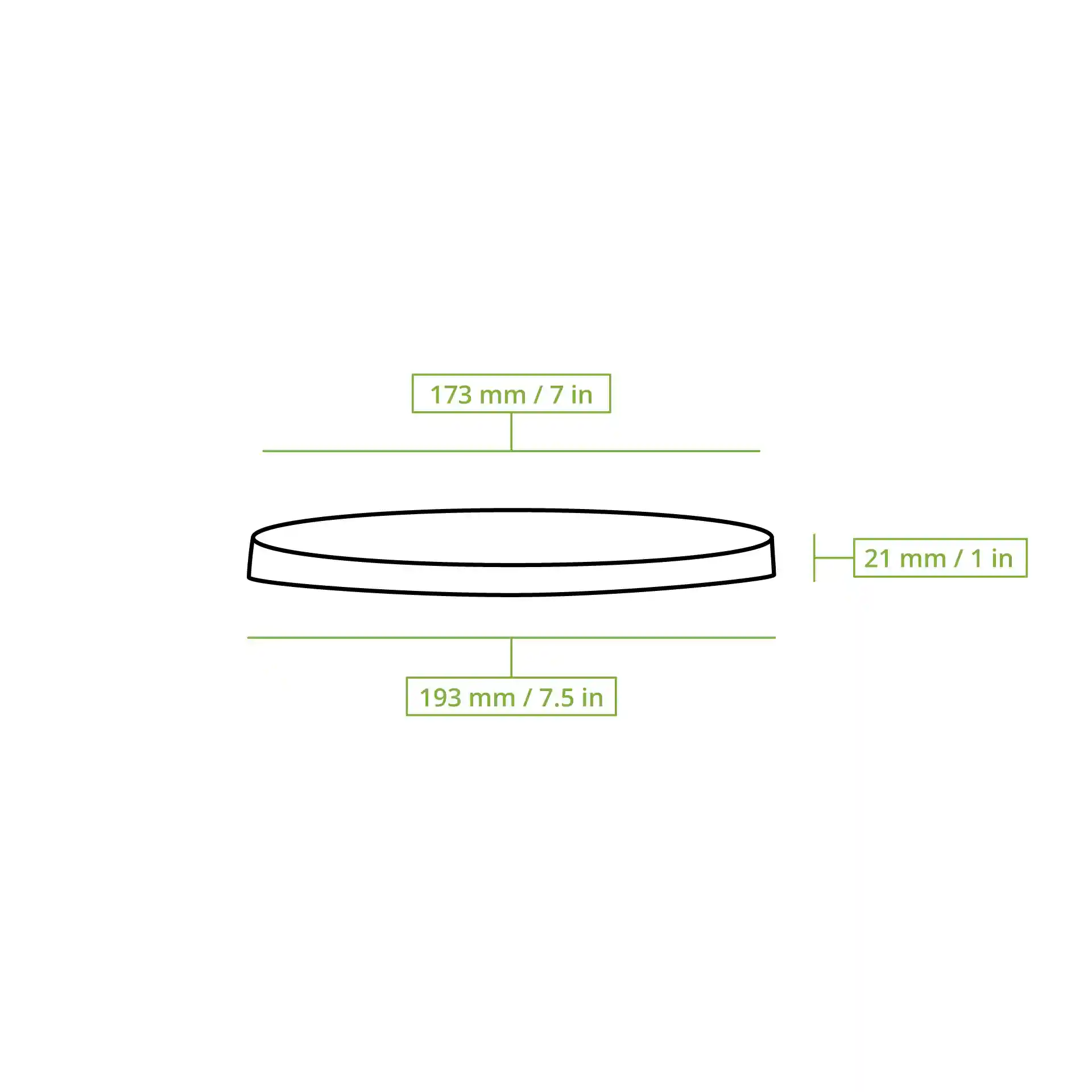Schematische tekening van een ronde bekerdeksel met afmetingen, diameter 173 mm en hoogte 21 mm.