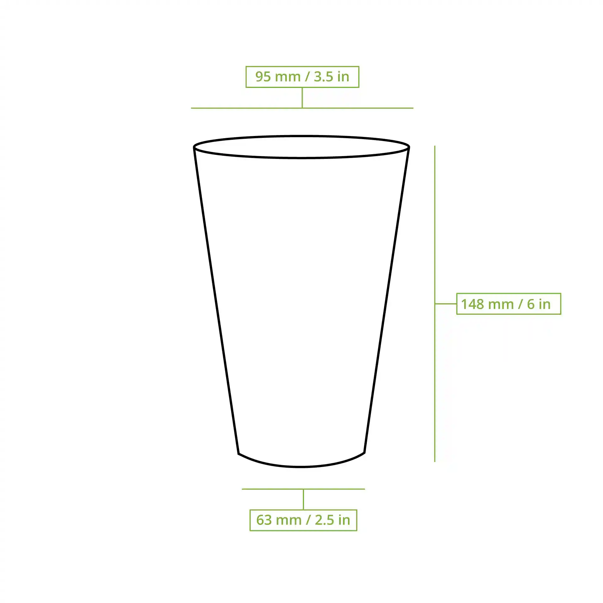Schematische tekening van een beker met maatlijnen die een hoogte van 148 mm, een bovenste diameter van 95 mm en een onderste diameter van 63 mm aangeven.