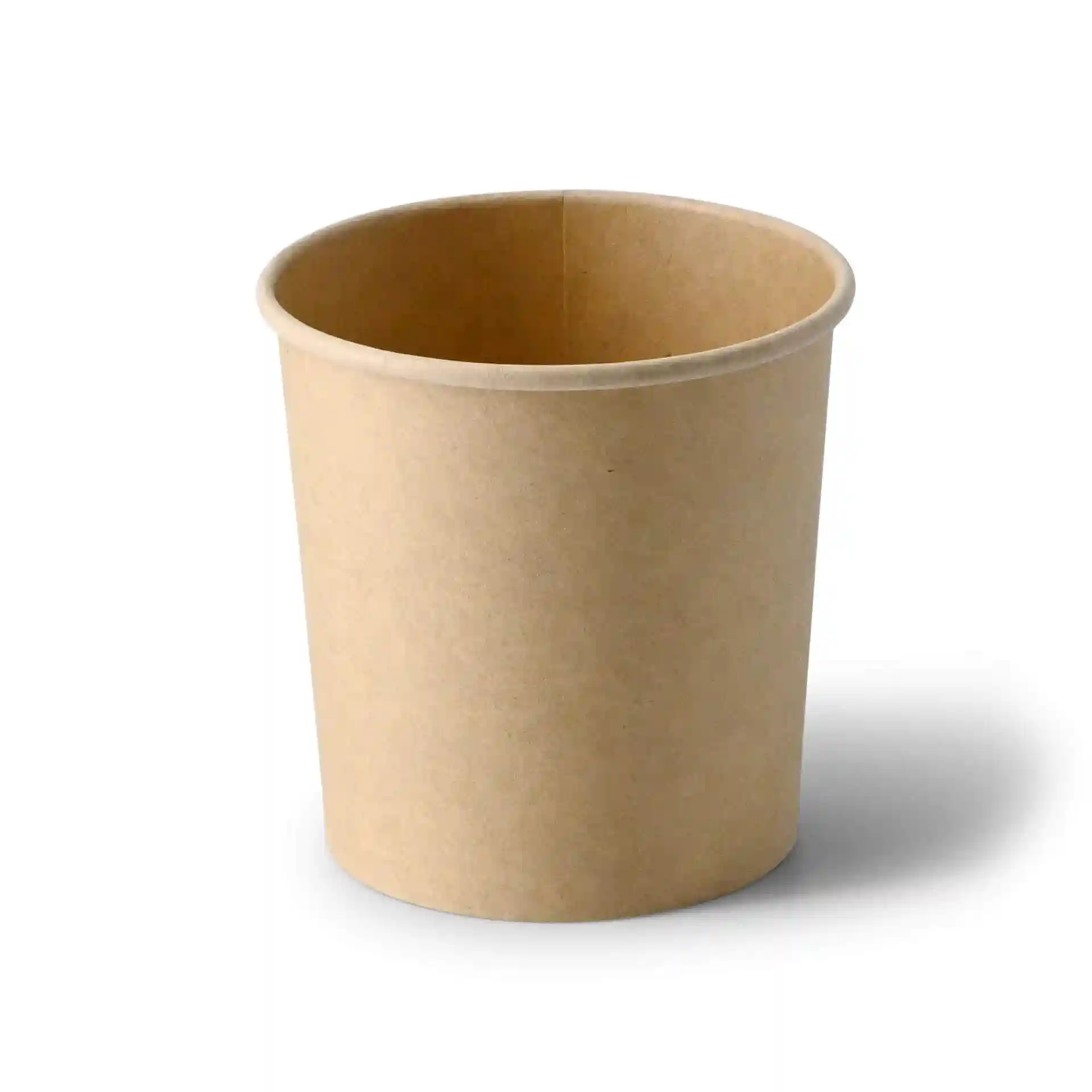 Bruine kartonnen soepbeker met ronde vorm, 300 ml capaciteit en een milieuvriendelijke coating.