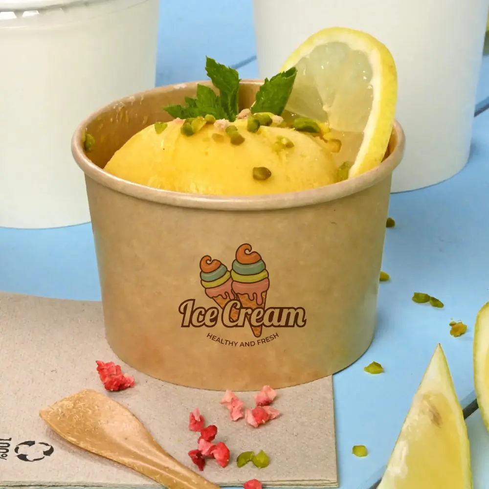 IJsbekertje met geel dessert, gegarneerd met pistachenoten en munt, vergezeld van citroenschijfjes en verspreide fruitstukjes.