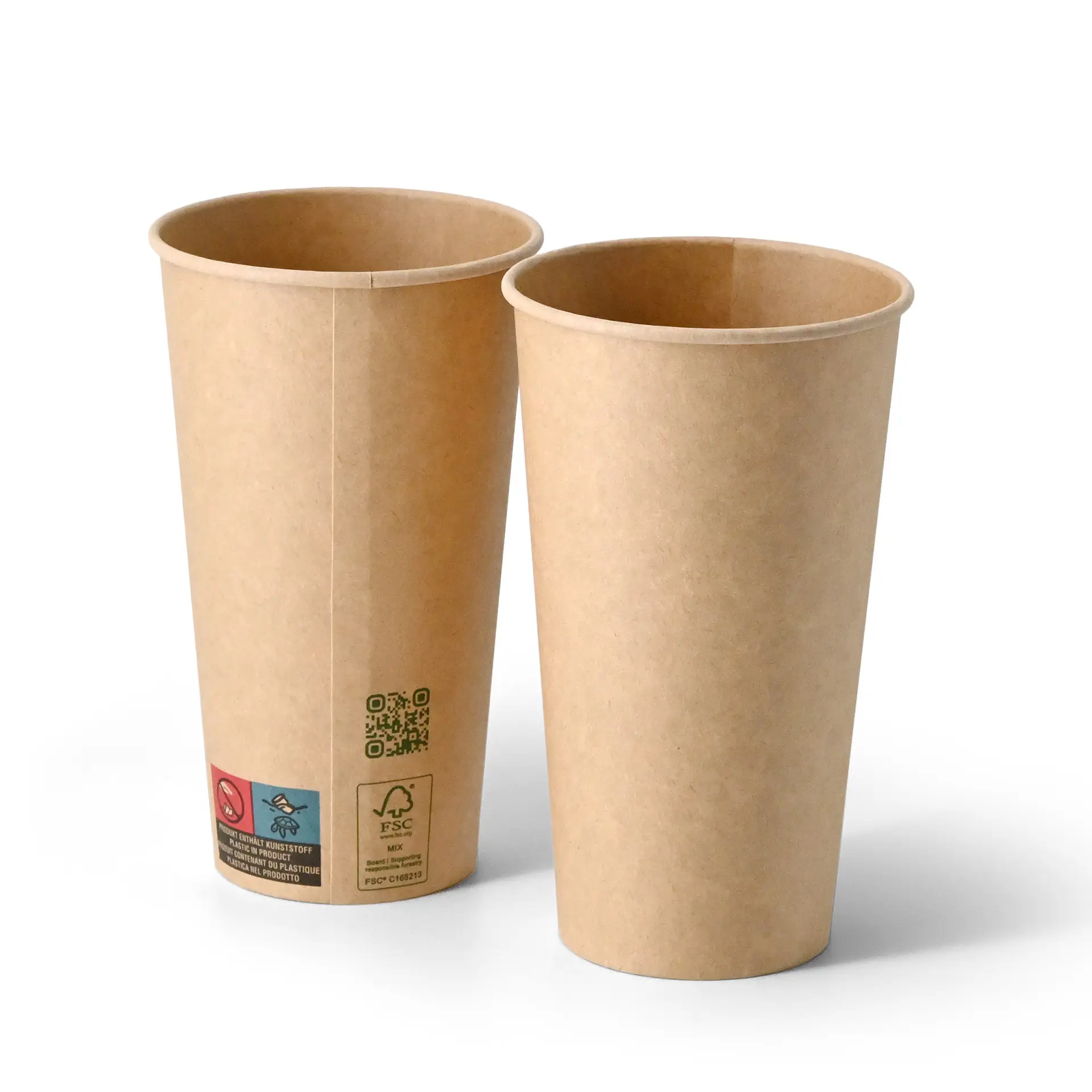 Bruine papieren beker met PLA-coating, enkelwandig ontwerp, voor warme en koude dranken, met printed QR-code en labels.