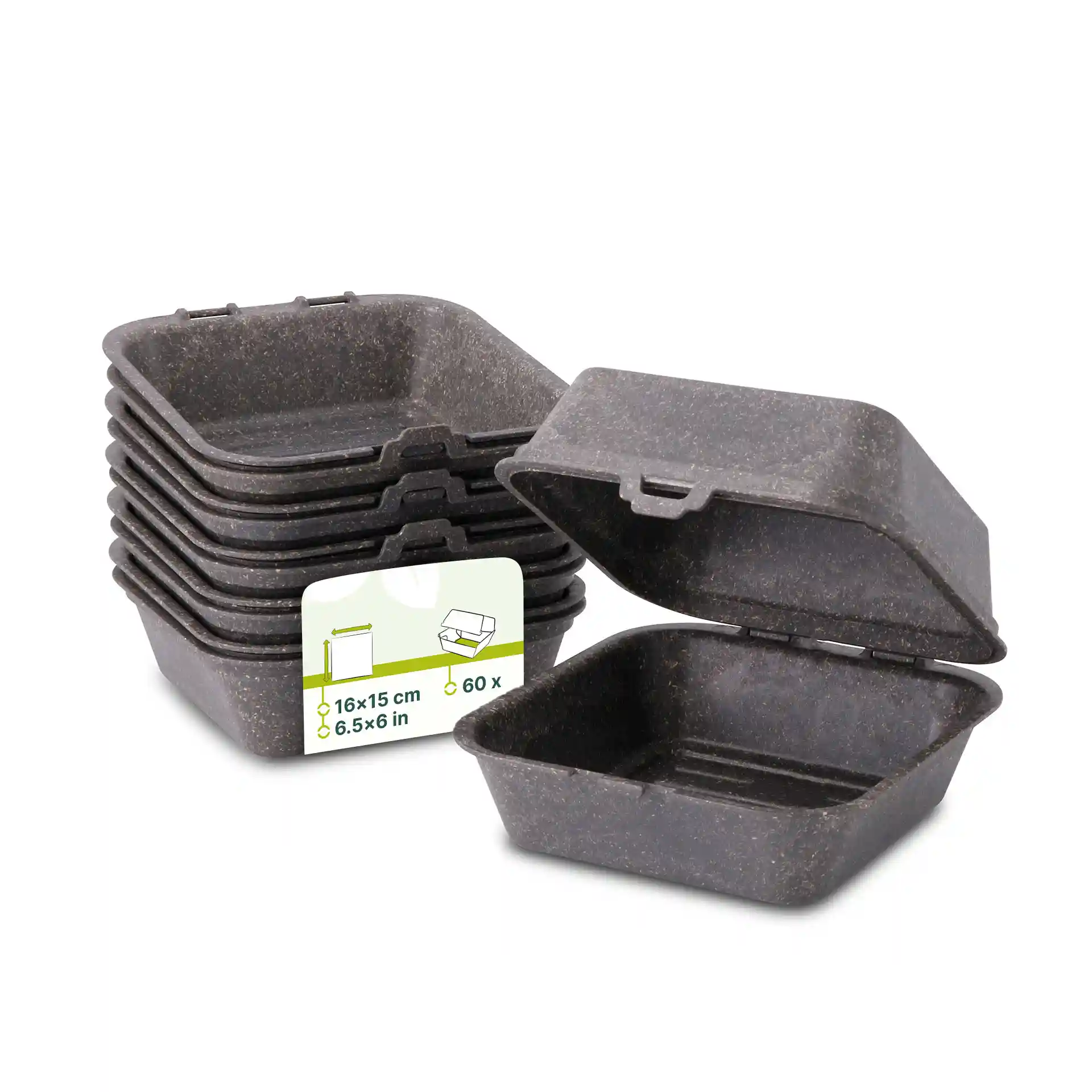 Stapel herbruikbare grijze burgerdozen met één open doos, die binnenafmetingen van 16 x 15 x 8,5 cm toont.