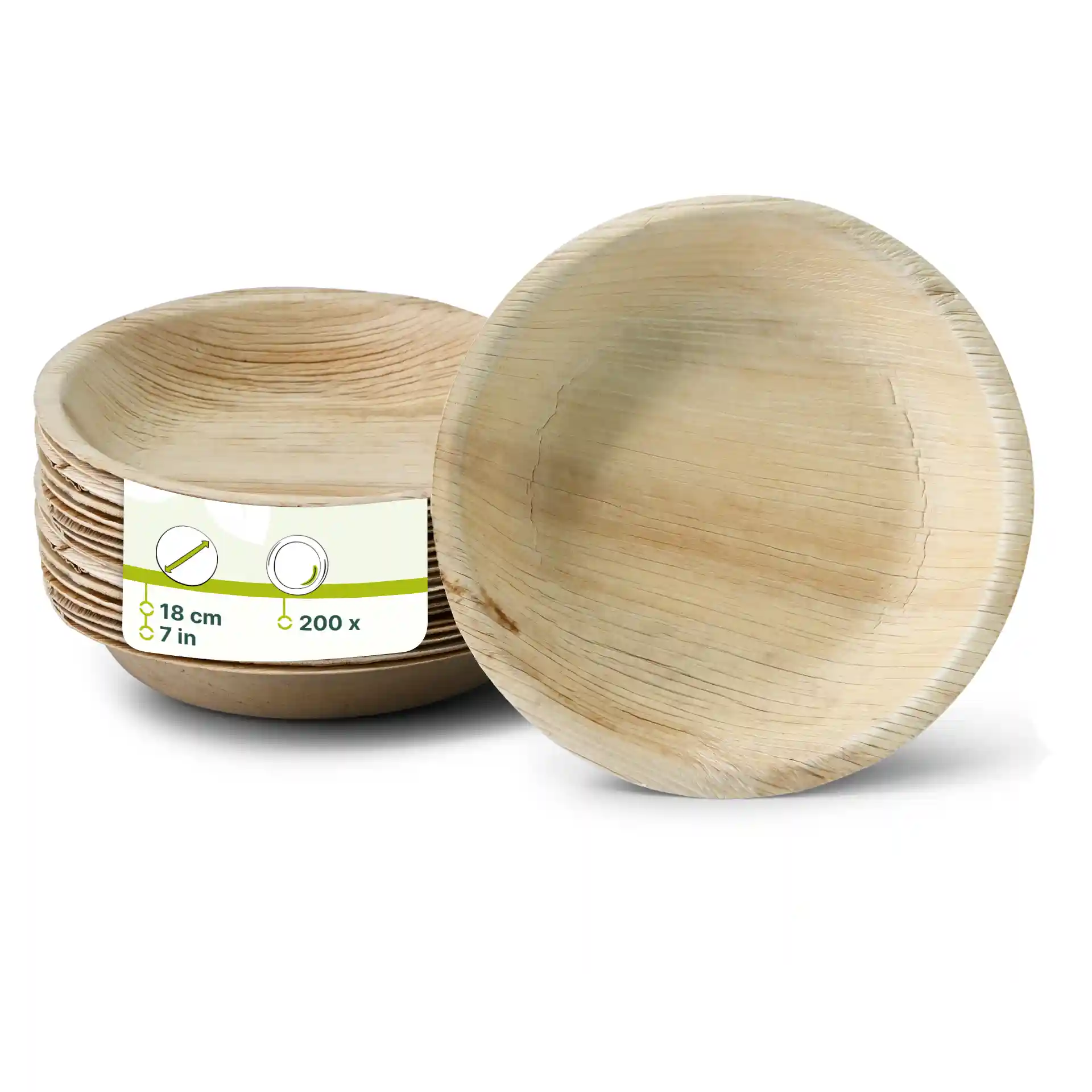 Stapel ronde palmbladen borden, 18 cm in diameter, met één bord vooraan en een label met details.