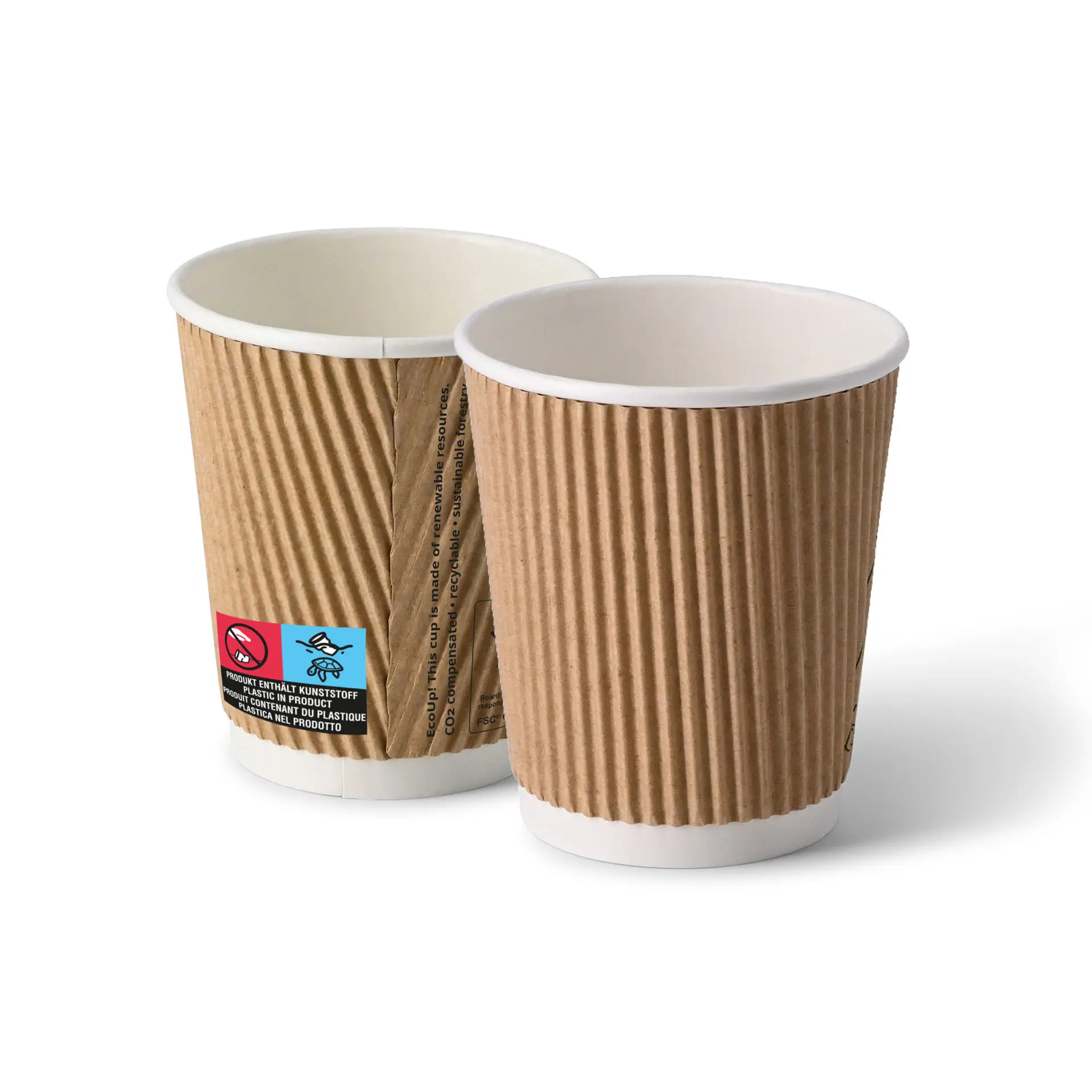 Koffiebekers to go van karton (gecoat) / Ribbelbekers 200 ml / 8 oz, Ø 80 mm, bruin, binnenkant wit