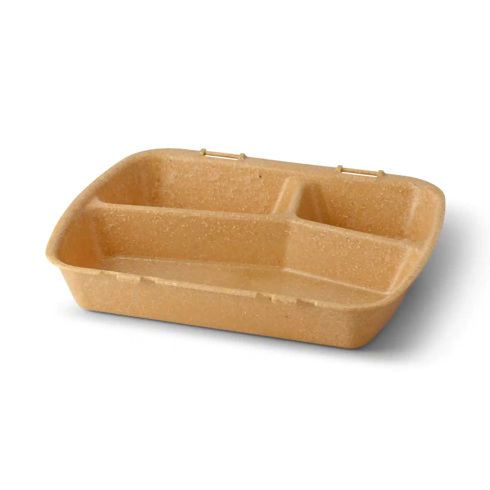 Bruine herbruikbare maaltijdcontainer met drie compartimenten, 24,5 x 20 x 4,5 cm.