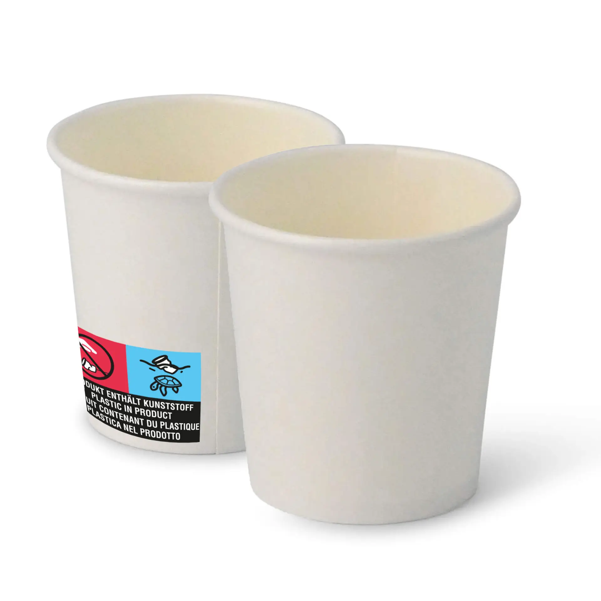 Twee witte papieren bekers met een ronde vorm, één met een label en markeringen.