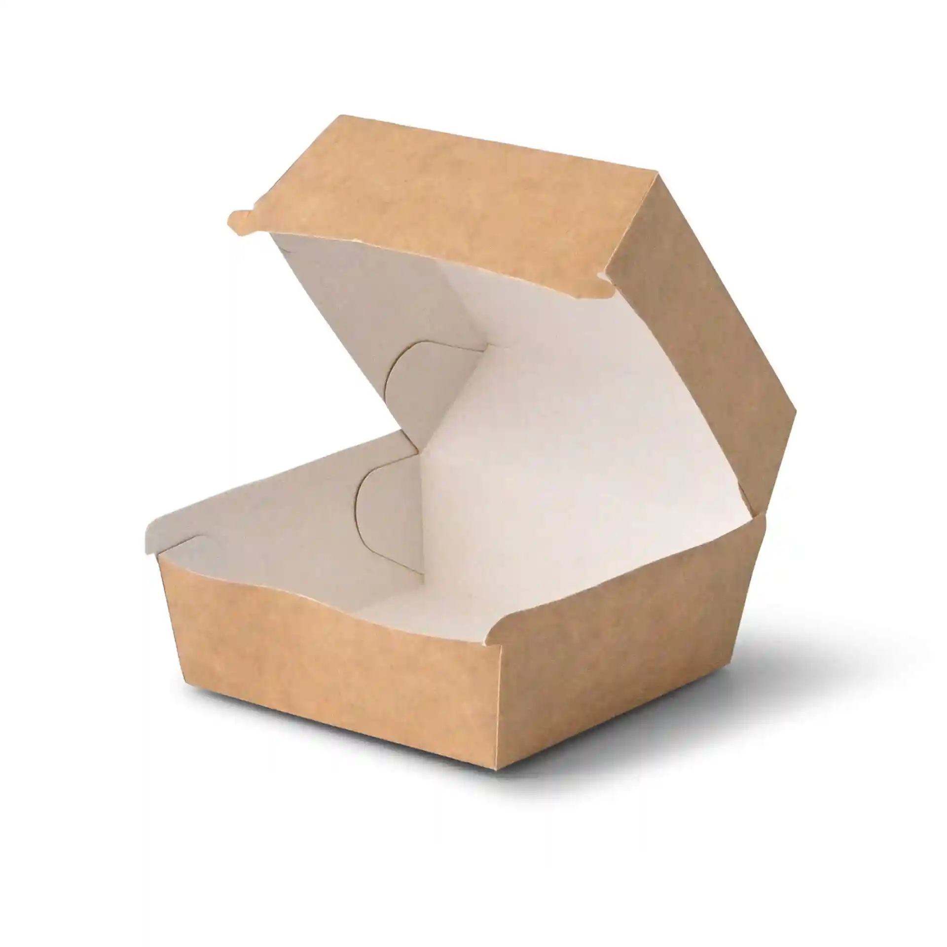 Bruine kartonnen takeaway burgerdoos met een open deksel, 11 x 11 x 8 cm groot.