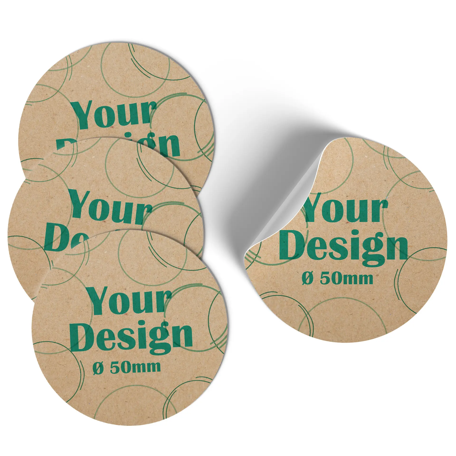 Ronde bruine sticker met een blauw toekanontwerp; diameter gemarkeerd als 5 cm.