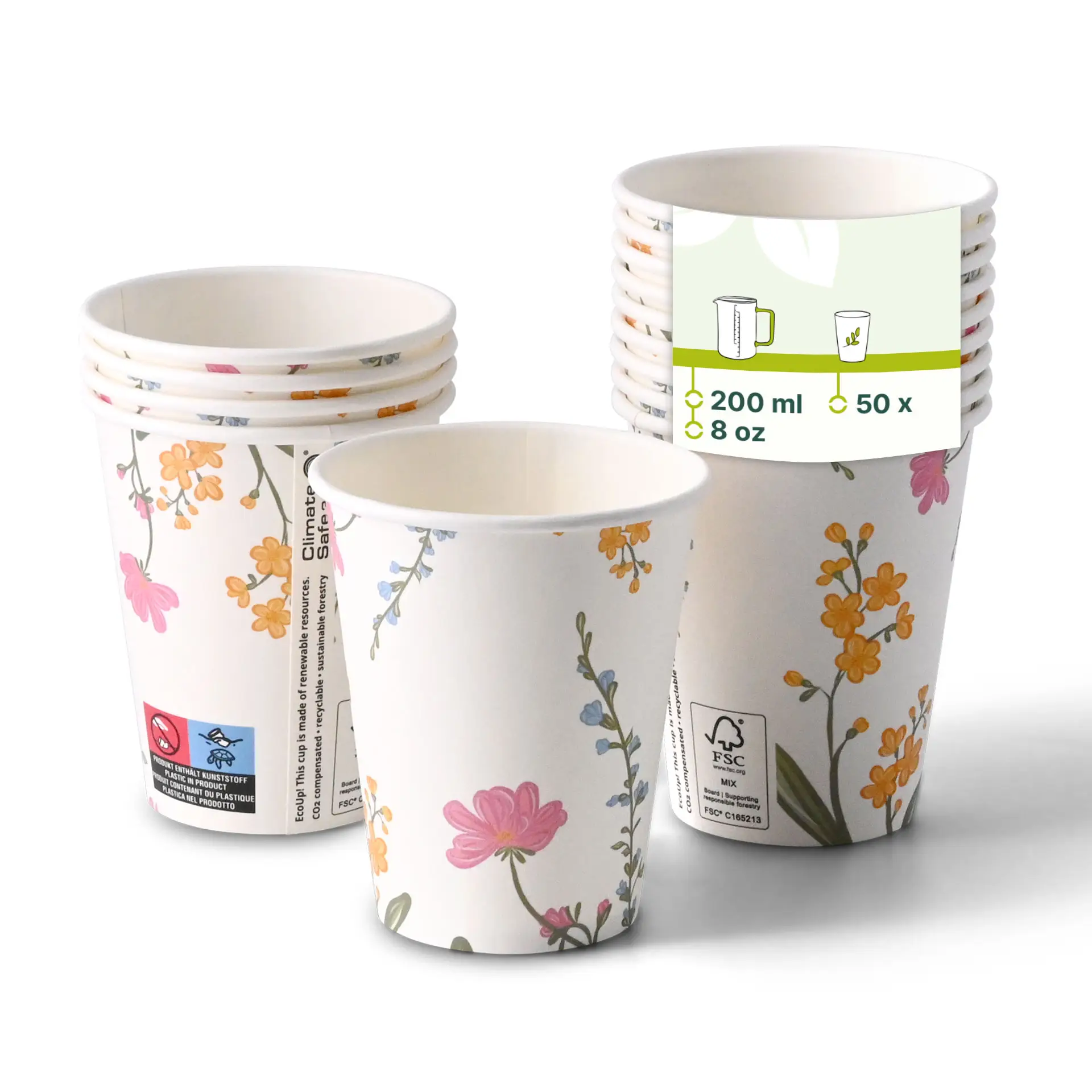 Bedrukte kartonnen beker "Lente" (gelaagd) 200 ml / 8 oz, Ø 80 mm, wit