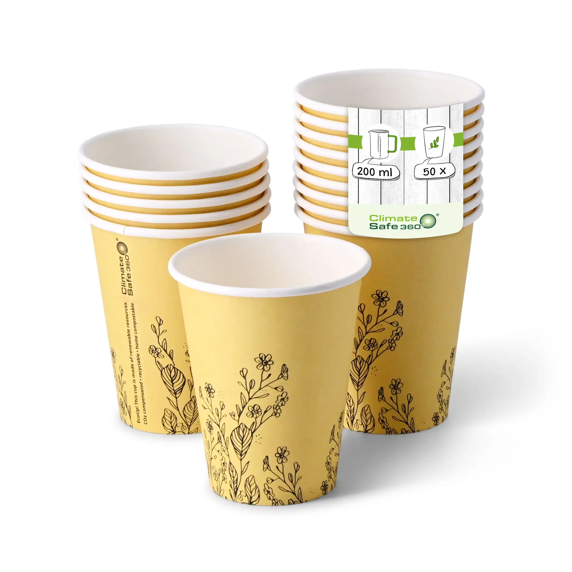 Kartonnen bekers lente "Bloemen" 200 ml / 8 oz, Ø 80 mm, geel dhd041101-pappbecher-fruehling-blumen-200-ml-8-oz-80-mm-gelb