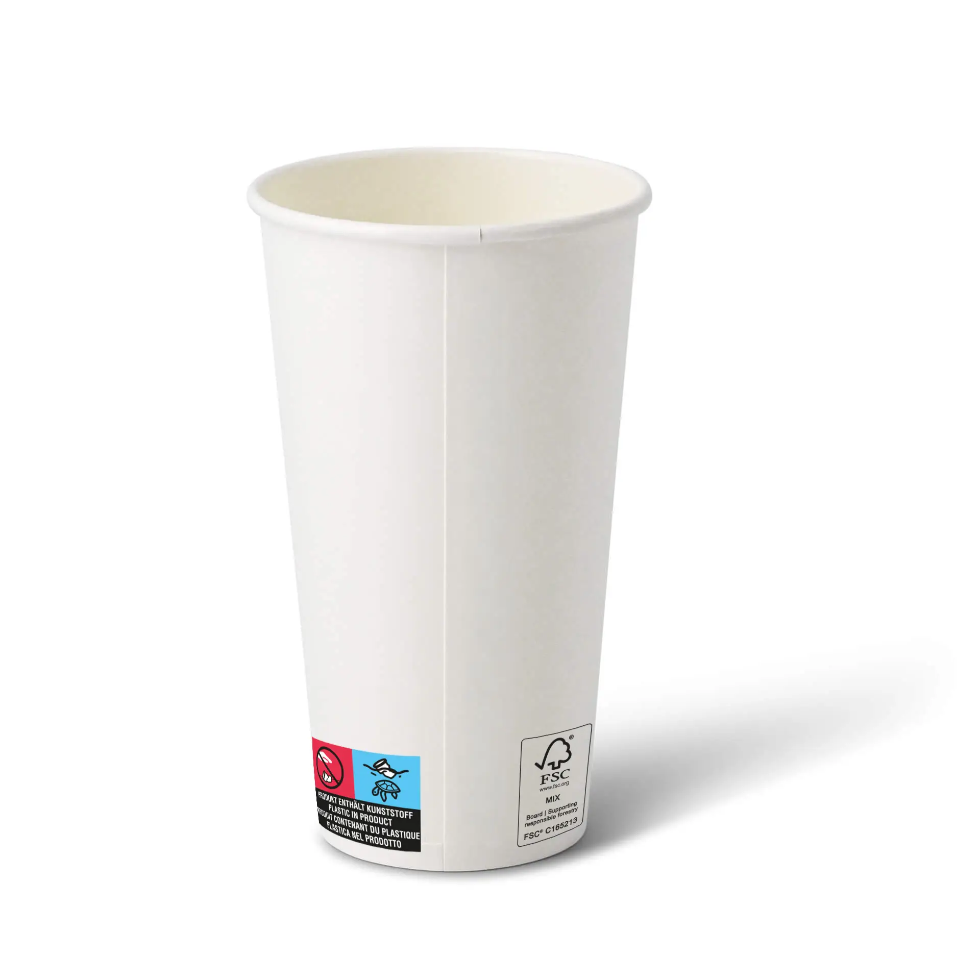 Witte papieren beker, 20 oz, PE-gecoat, met een ronde vorm en zichtbare veiligheids- en certificeringssymbolen aan de zijkant.