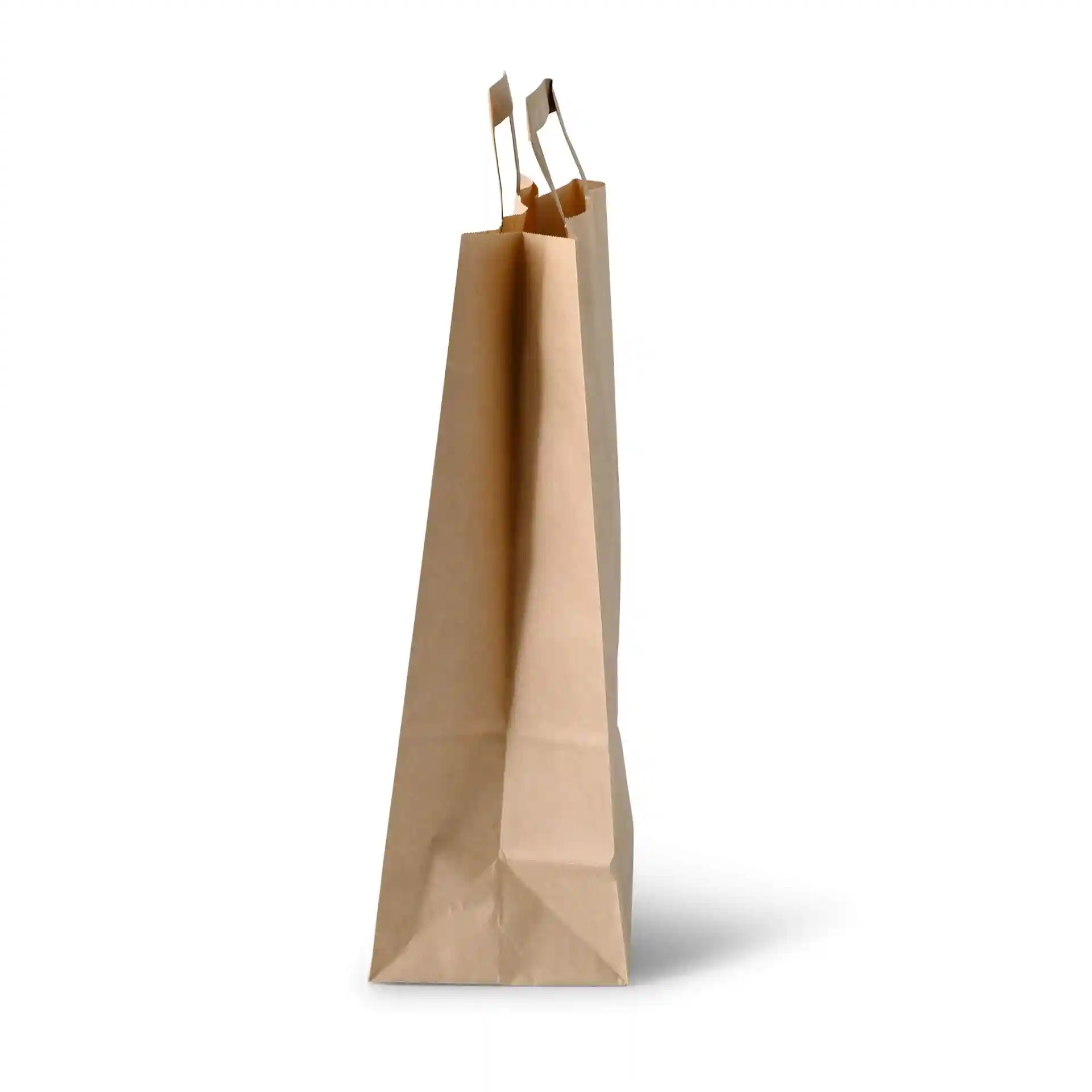 Bruine papieren draagtas met een rechthoekige bodem en twee handvatten, 26 x 12 x 35 cm.