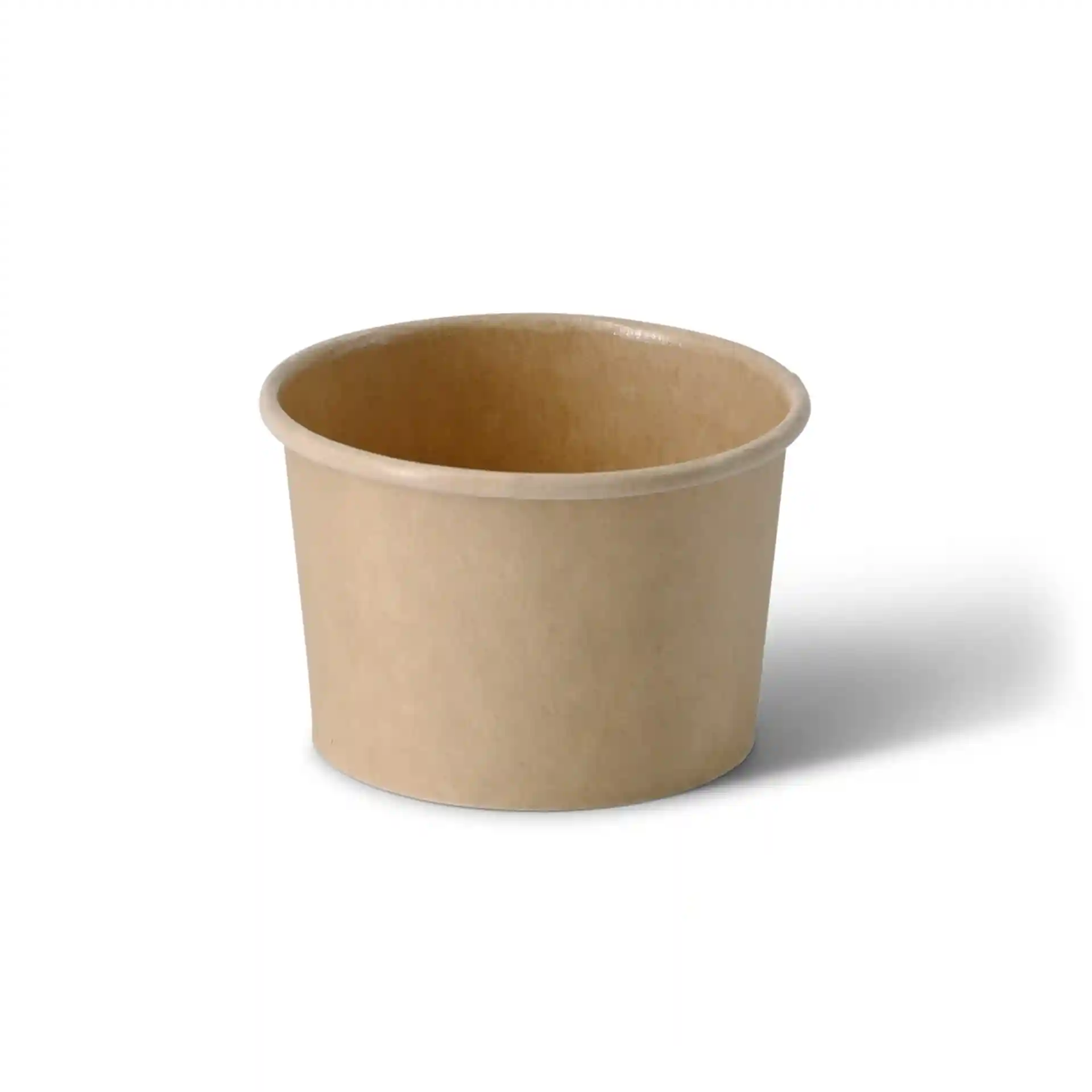 Ronde bruine kartonnen deli-container met een hoogte van 40 mm en een bovenste diameter van 62 mm.