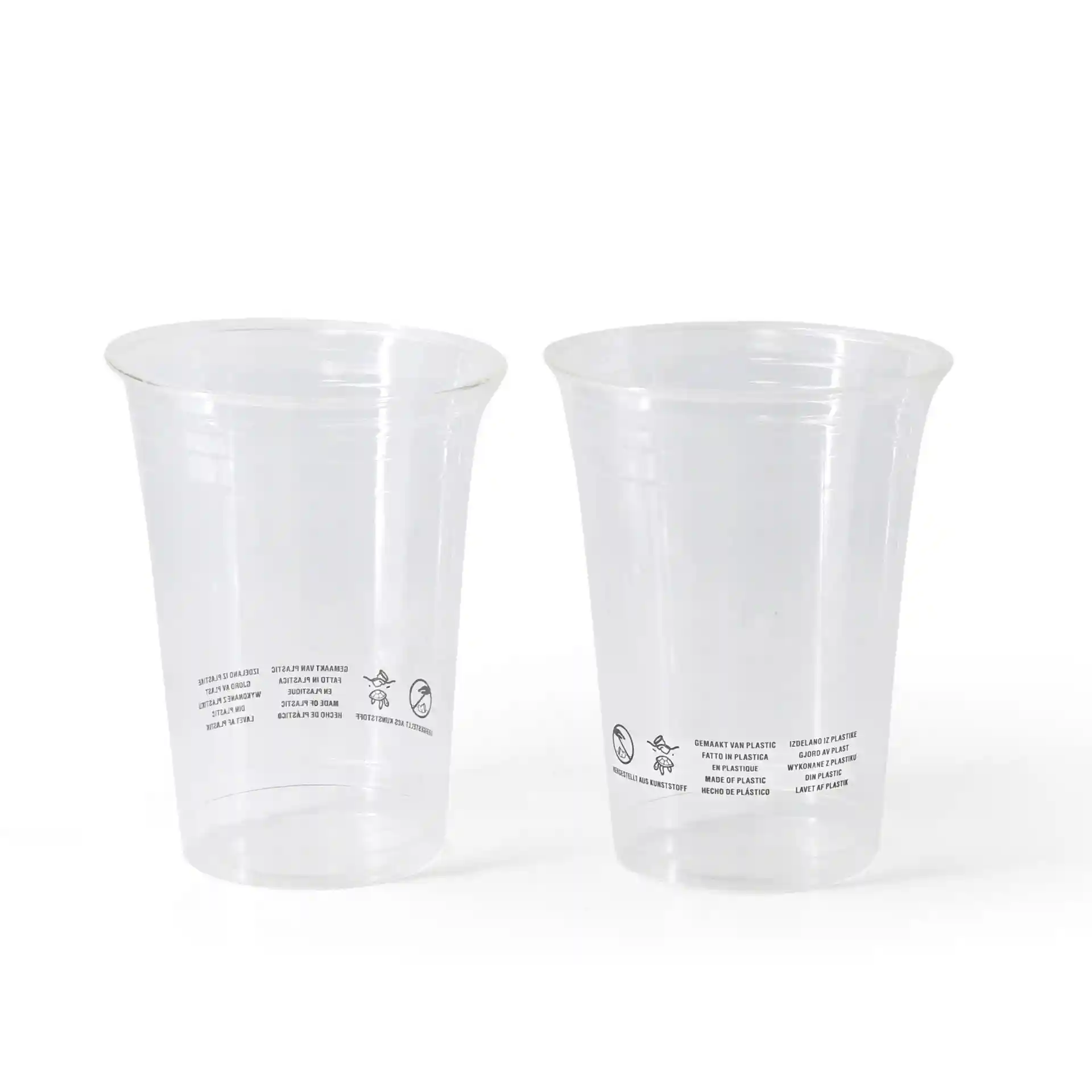 Twee heldere PLA-plastic bekers, 400 ml capaciteit, met zichtbare markeringen aan de zijkant.