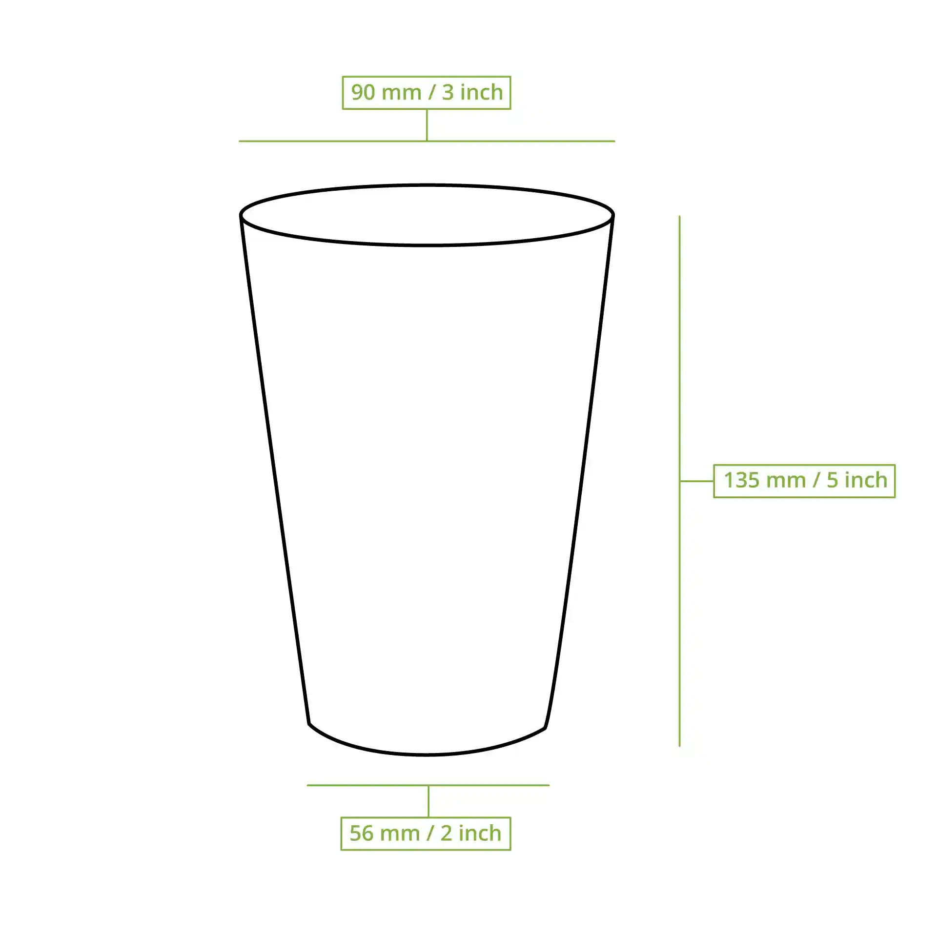 Schematische tekening van een beker met afmetingen: hoogte 135 mm, bovenste diameter 90 mm, onderste diameter 56 mm.