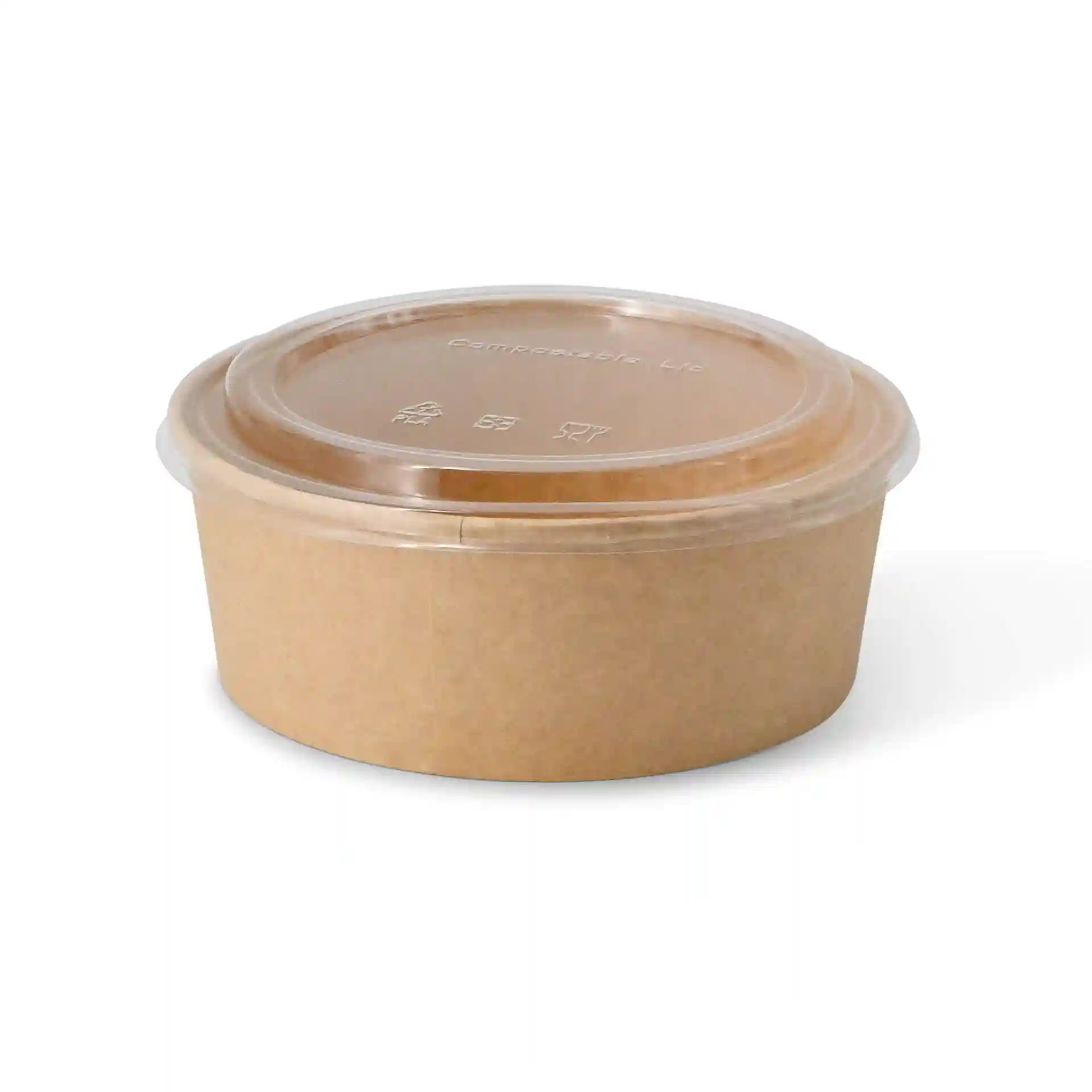 Ronde beker met een transparante PLA-deksel, bruine papieren bodem en een hoogte van 17 mm.