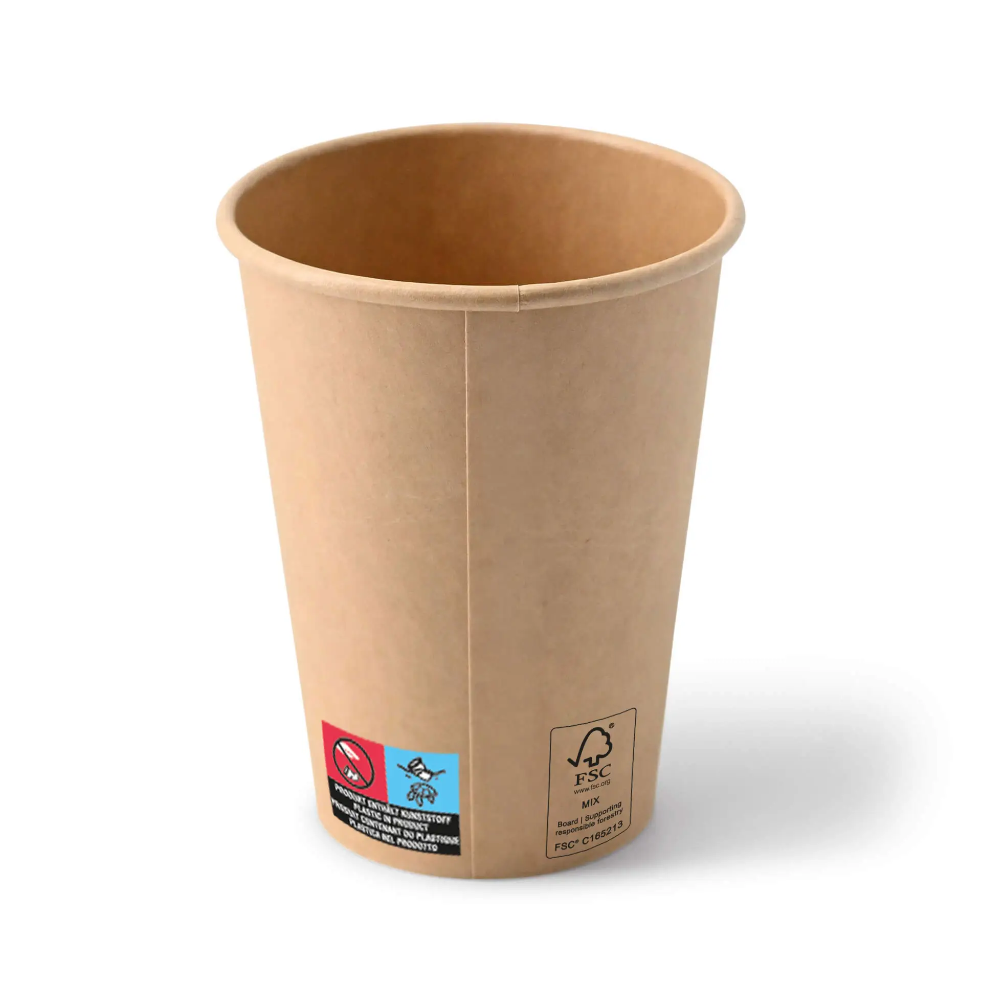 Een 12 oz bruine papieren beker met een PE-coating; bevat logo's en labels over recycling en FSC-certificering.