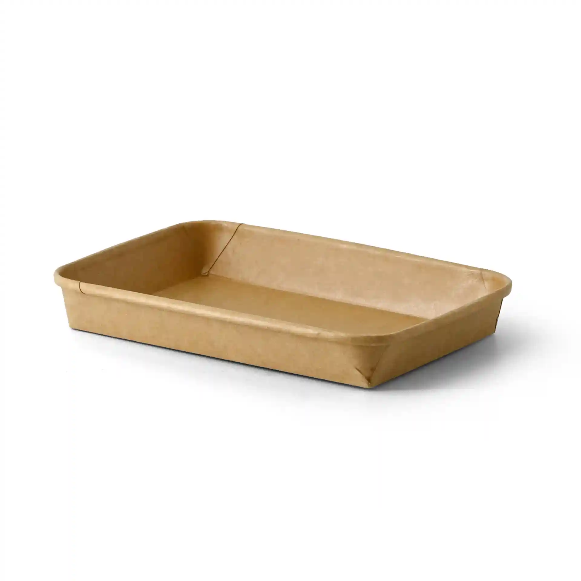 Bruine rechthoekige sushi-doos, PE-gecoat, 22 x 14 x 2,5 cm, met licht verhoogde randen.