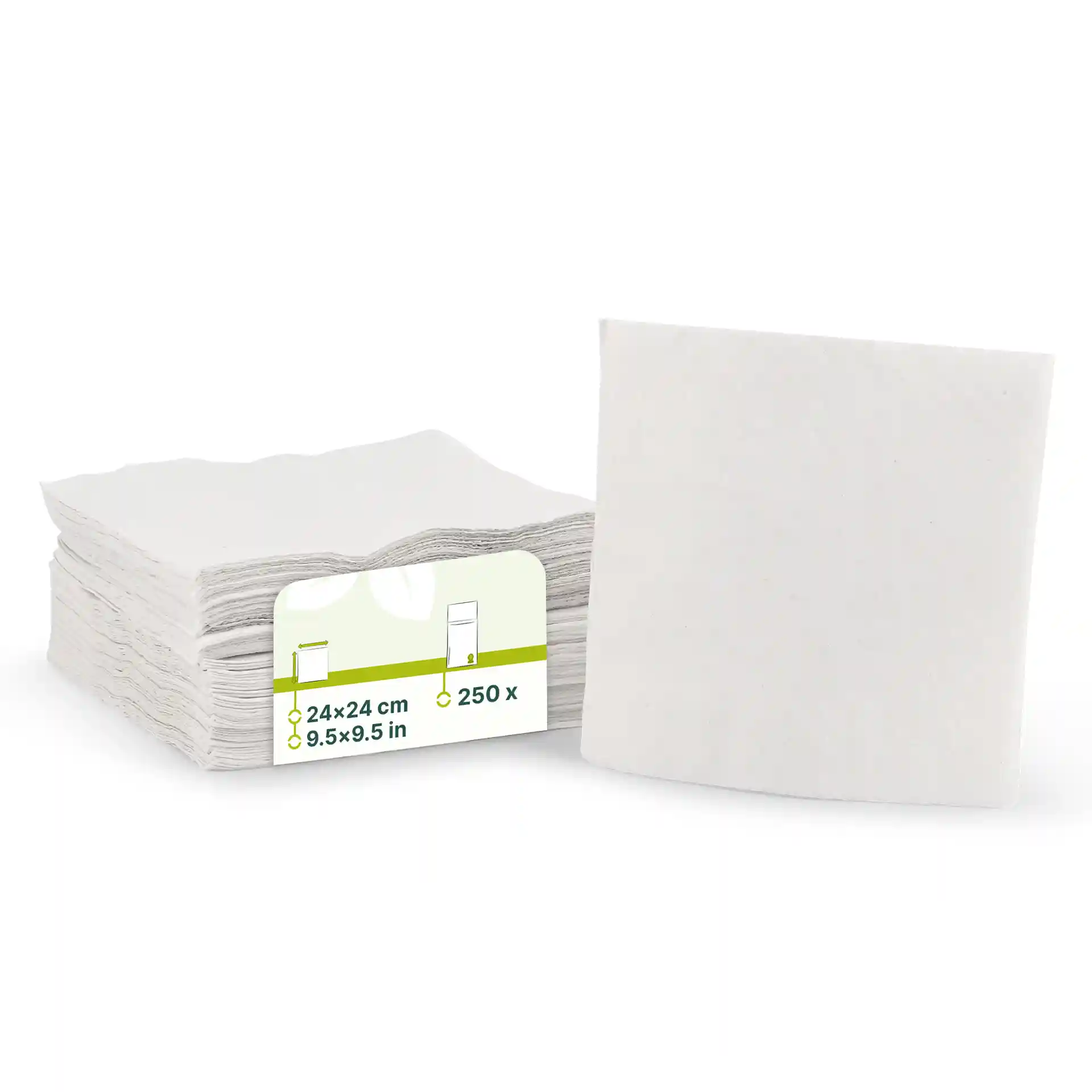 Stapeltje witte 2-laags cocktailservetten, 24 x 24 cm, met een label dat afmetingen en hoeveelheid van 250 toont.